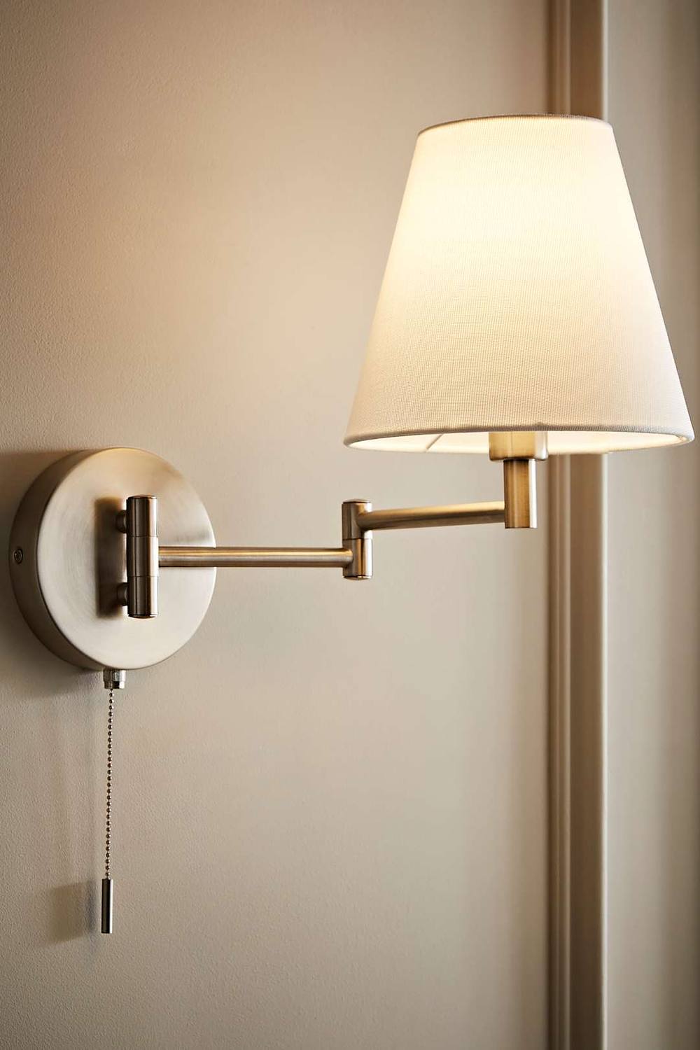 ValueLights Sonia Adjustable Swing Arm Wall Light with Tapered Linen Lamp Shade in Silver