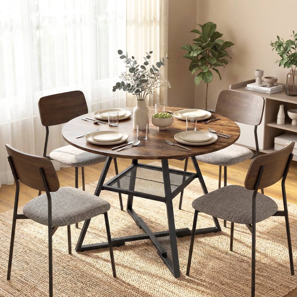 HOMCOM Round Dining Table for 4, 100 cm Kitchen Table w/ Shelf, Rustic Brown