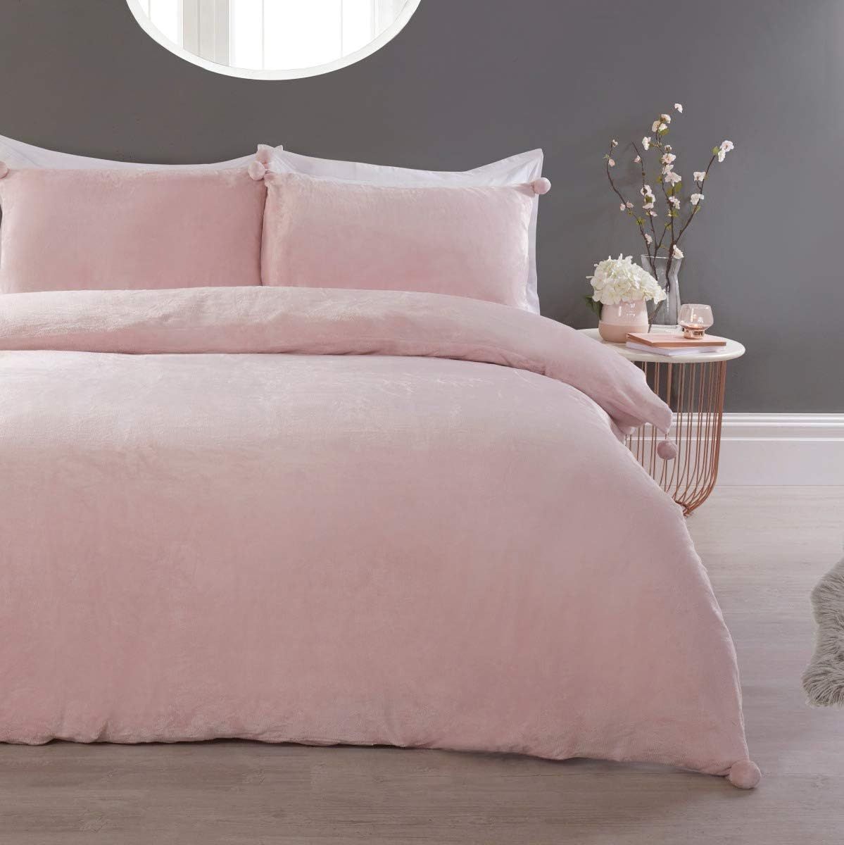 Smart Living Luxurious Pom Pom Fleece Duvet Cover with Pillowcases in Light Pink