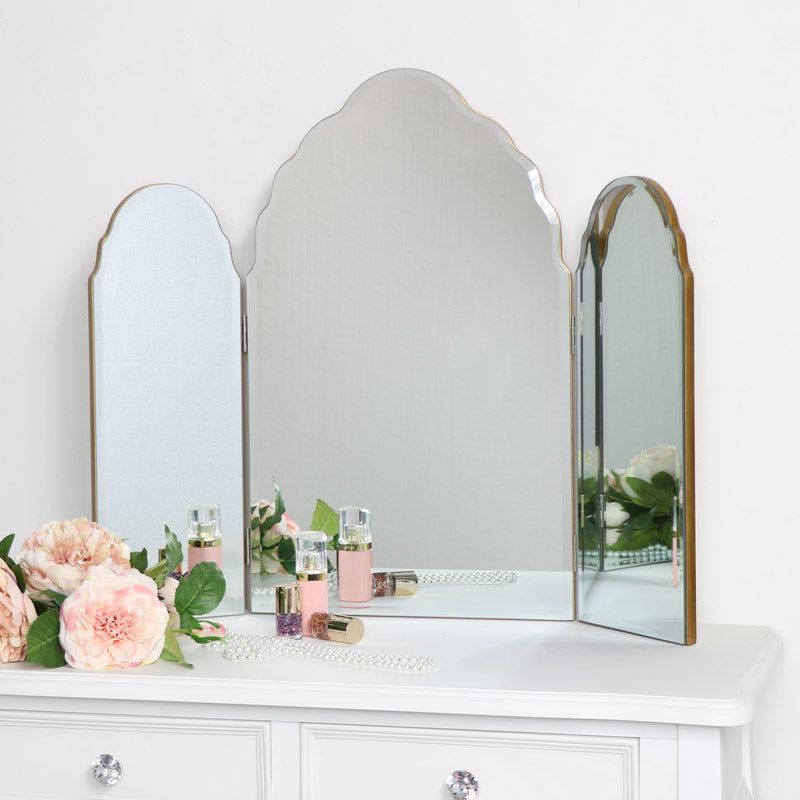 Melody Maison Antique Gold Arched Triple Vanity Mirror 60cm X 72cm in Metallic Gold