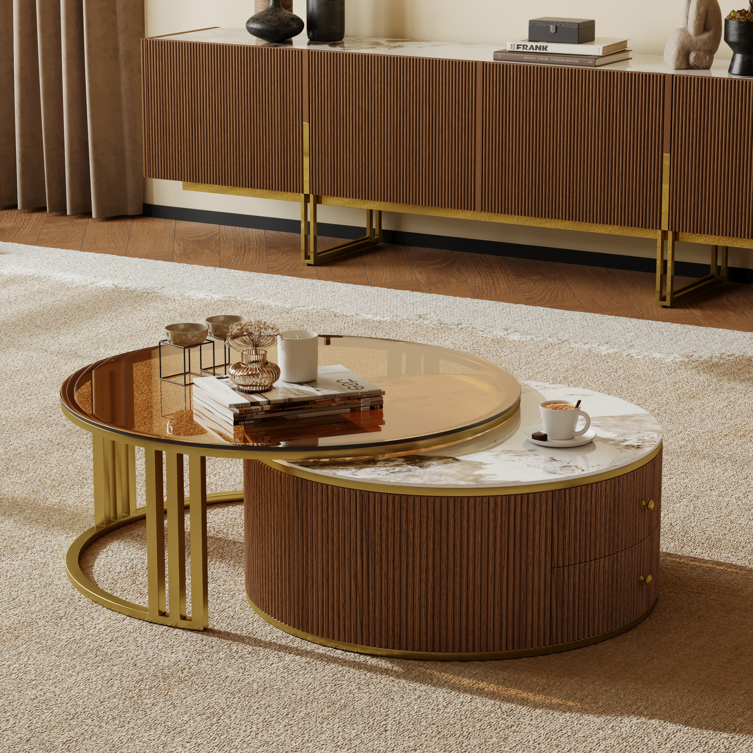 Grovyn Round Nesting Coffee Table Set with Sintered Stone Top(70 - 80 cm)