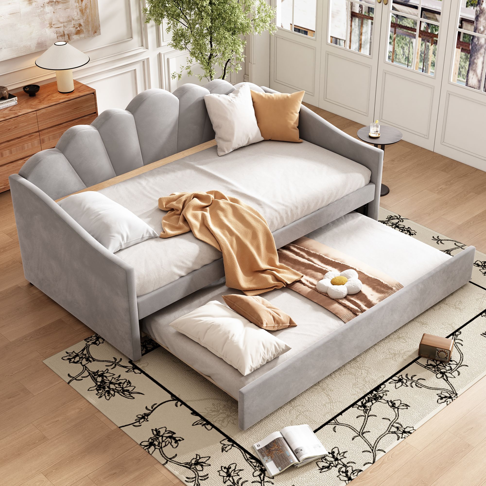 Matteo Upholstered Bed, 3FT Single Bed Bottom With Trundle Bed in Grey