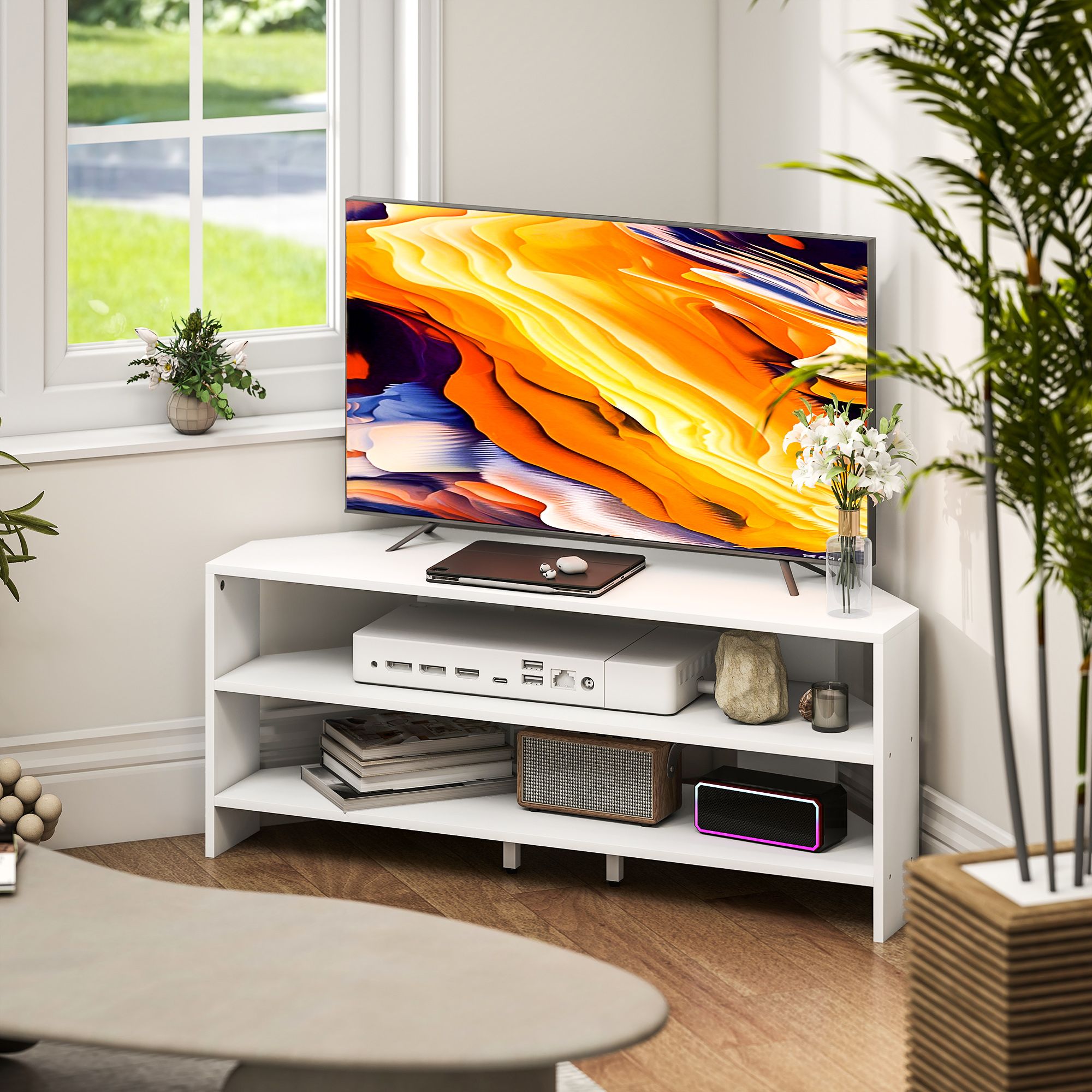 HOMCOM Corner TV Stand, TV Unit with Open Shelves for 47 Inch TV in White