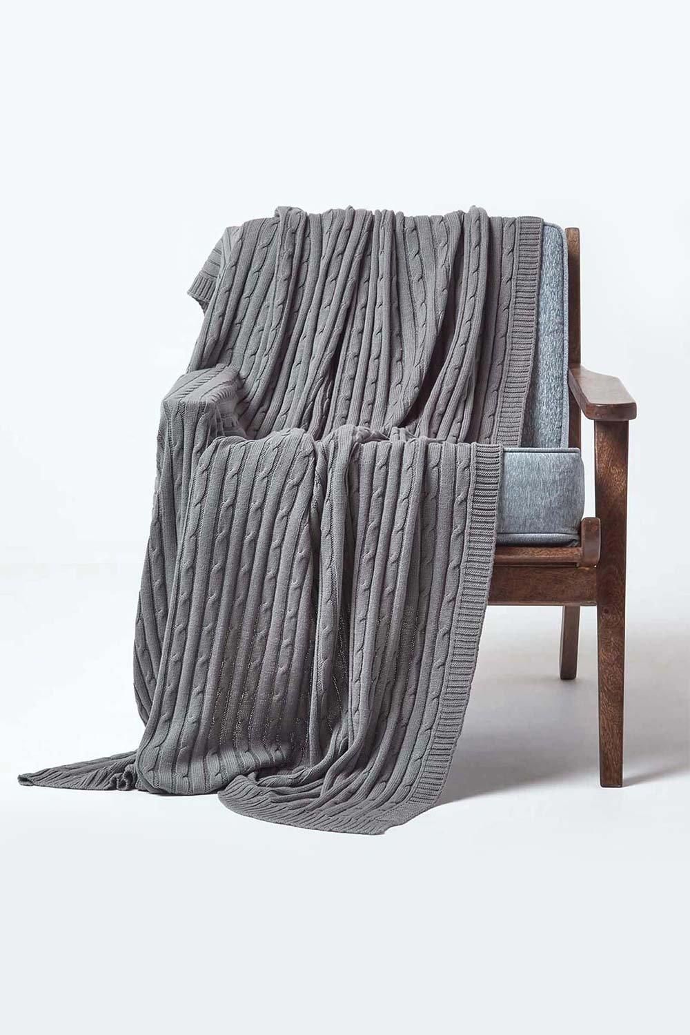 Homescapes Cotton Cable Knit Throw Soft & Cosy Vintage Blanket in Grey