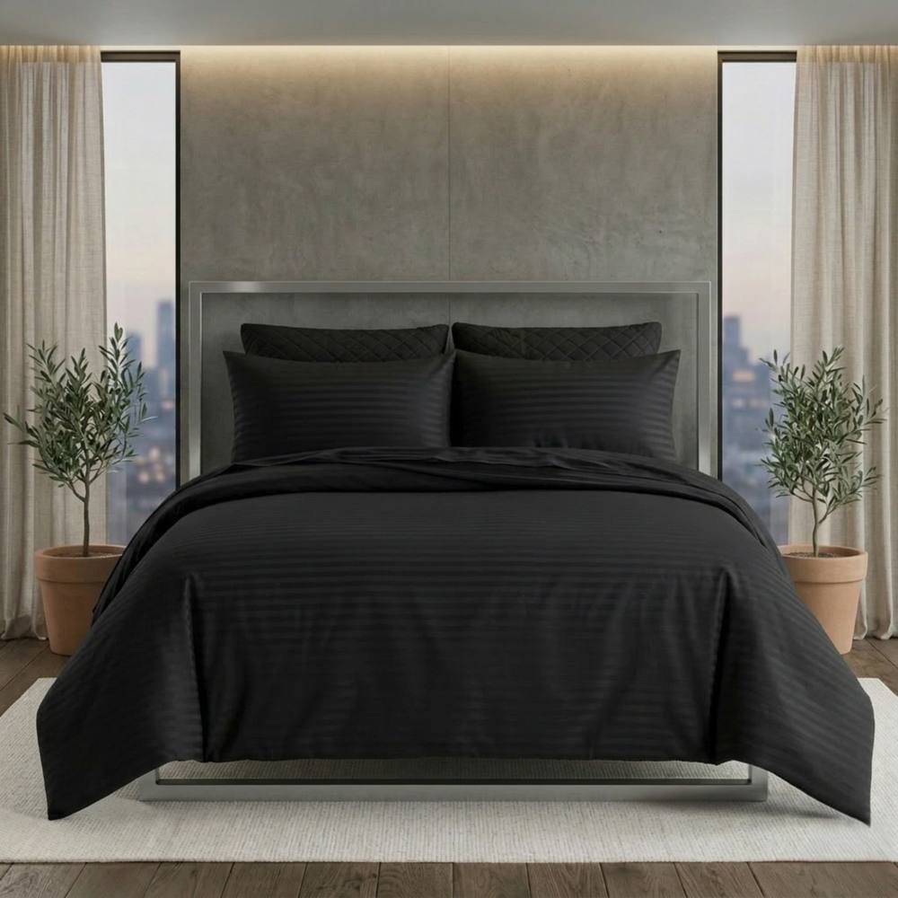 Snug City Luxury Satin Stripe Duvet Cover Set T250 Cotton Rich Soft Bed Linen in Black