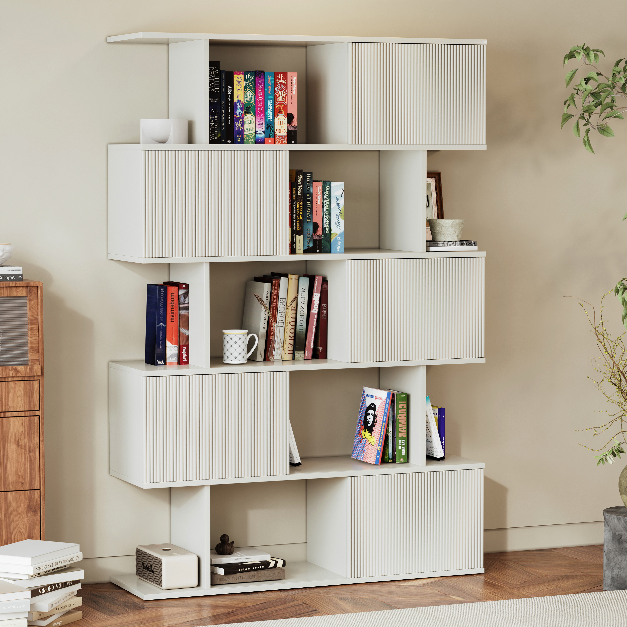 185 cm Warm White Sliding Door Etagere Bookshelf 5-Shelf Tall Book Shelf Rich Storage