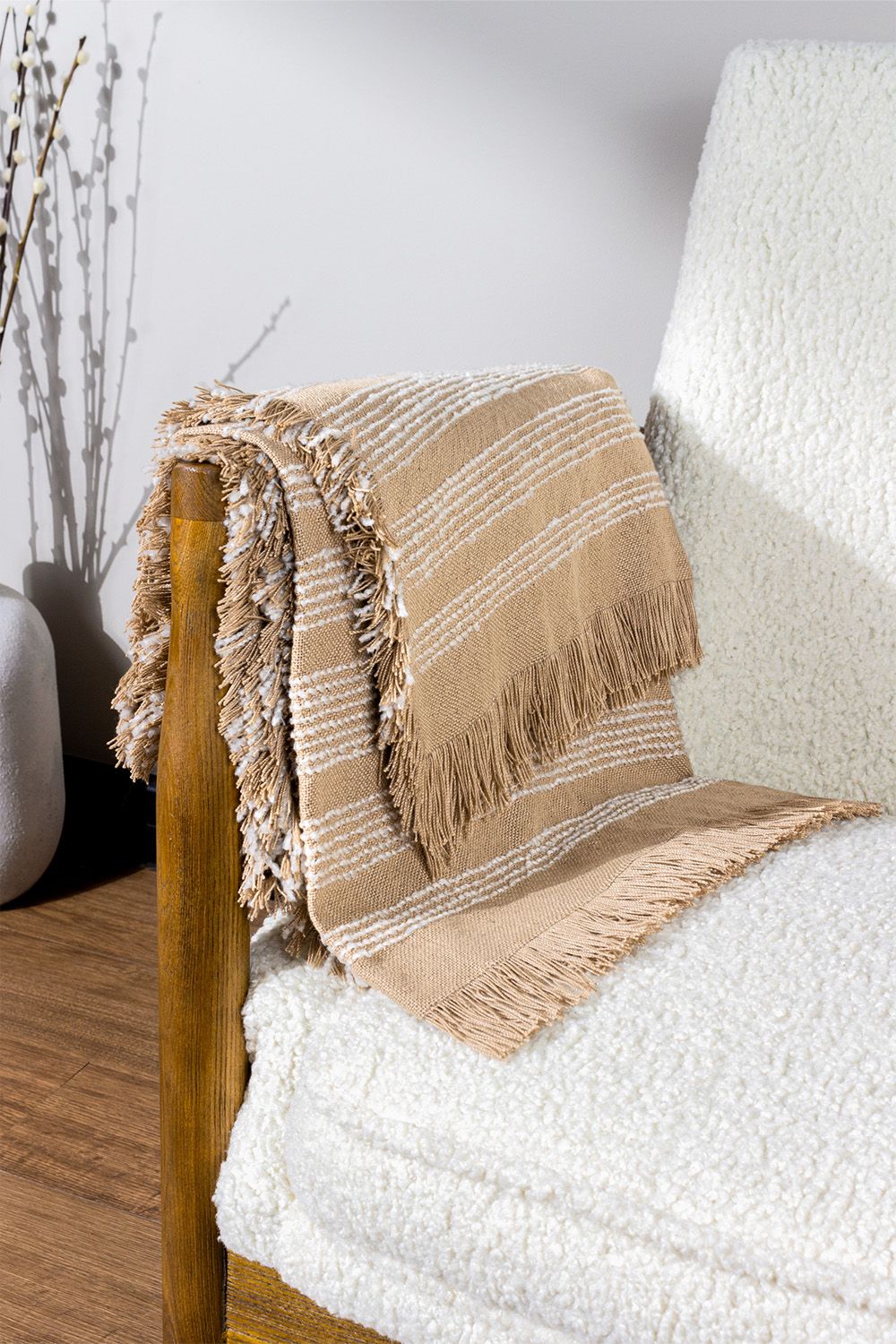 HOEM Jour Bouclé Yarn Woven Fringed Throw in Beige