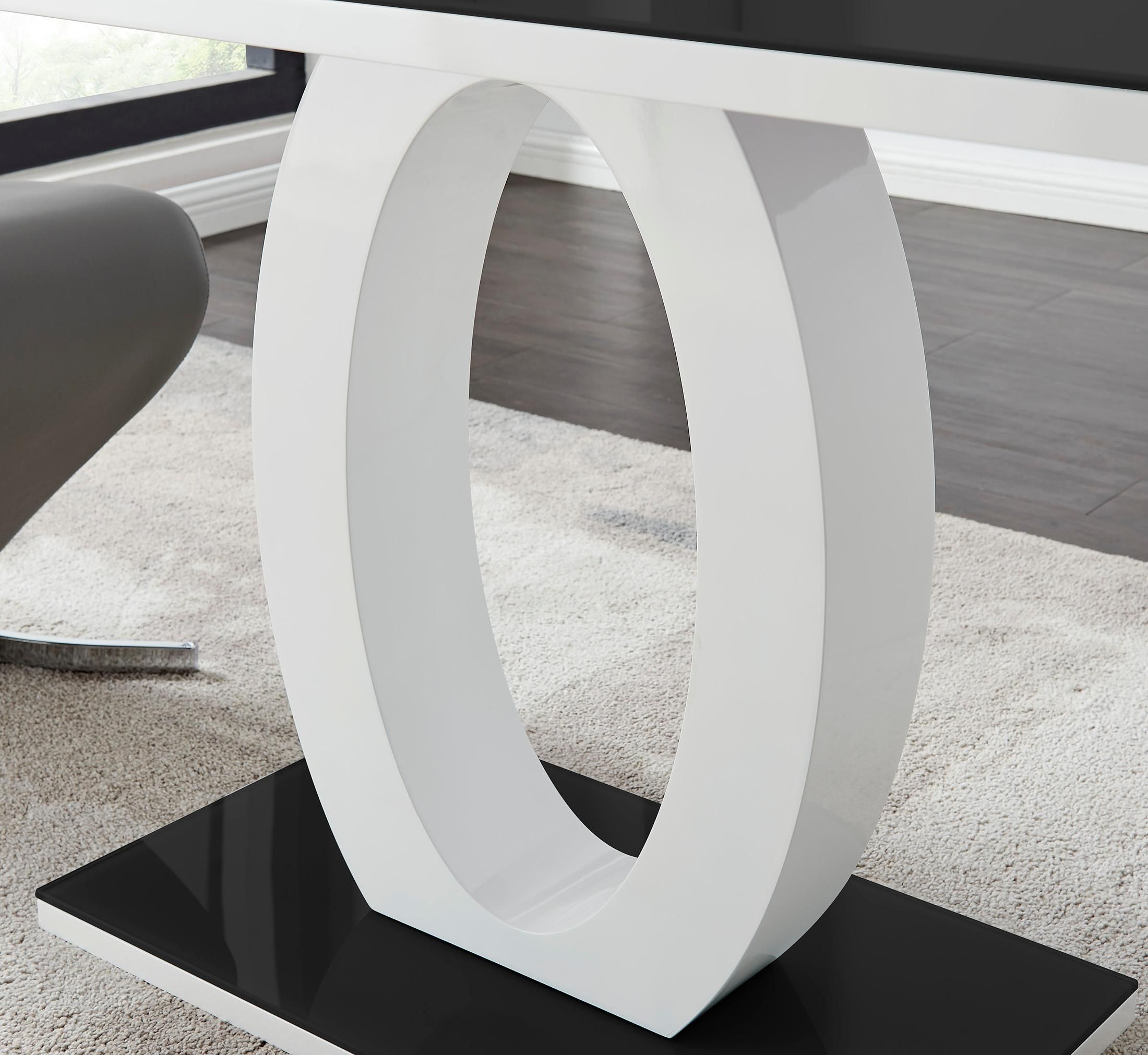 FurnitureboxUK Giovani Rectangular 6 Seat White High Gloss Unique Halo Base Dining Table Black Glass Top 6 Soft Velvet Silver Leg Pesaro Chairs 5