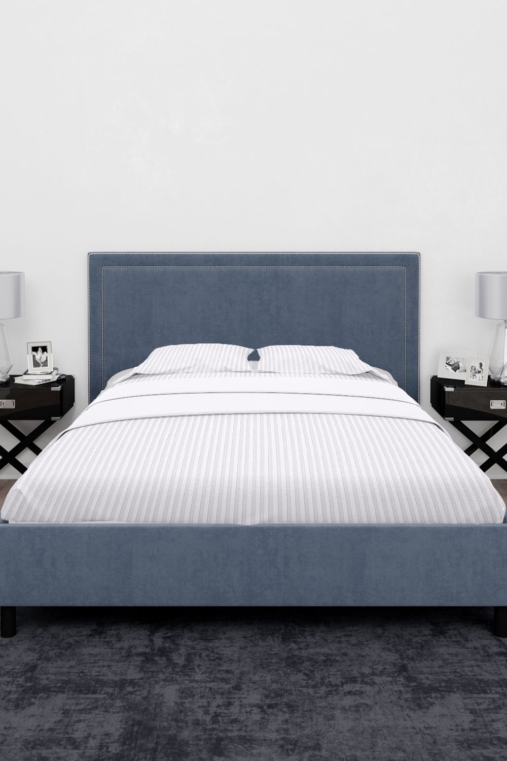 Neel Blue 300TC Cotton Fitted Sheet, White Satin Stripe, Double, 135x190x30cm