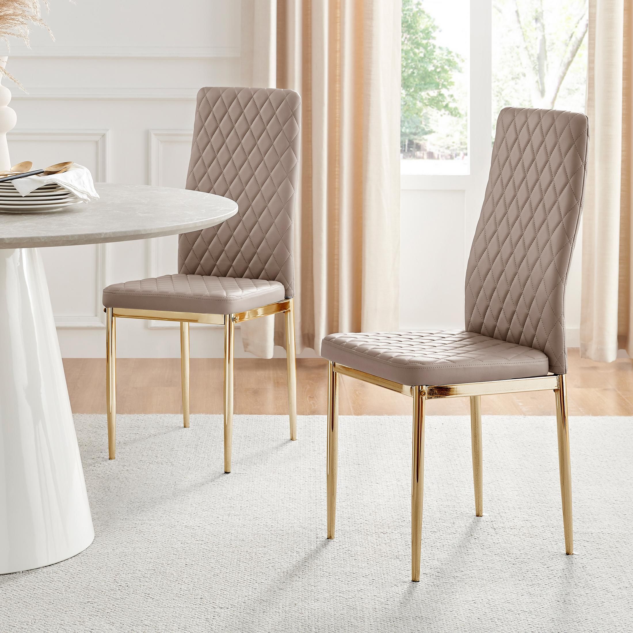 FurnitureboxUK Set of 6 Milan High Back Soft Touch Diamond Pattern Faux Leather Dining Chairs With Gold Chrome Metal Legs in Beige