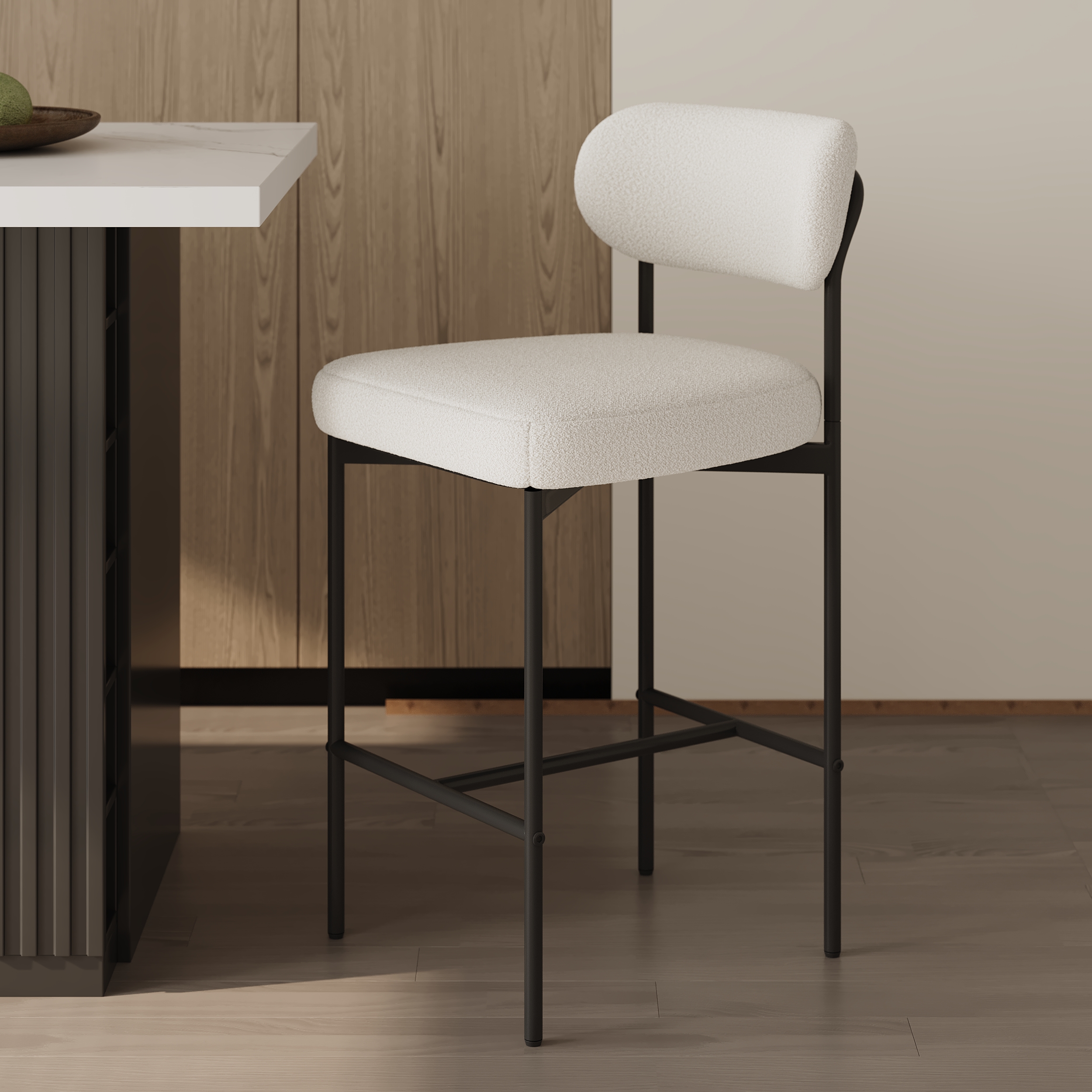 Modern Boucle White Counter Stool Set of 6 with Back & Footrest