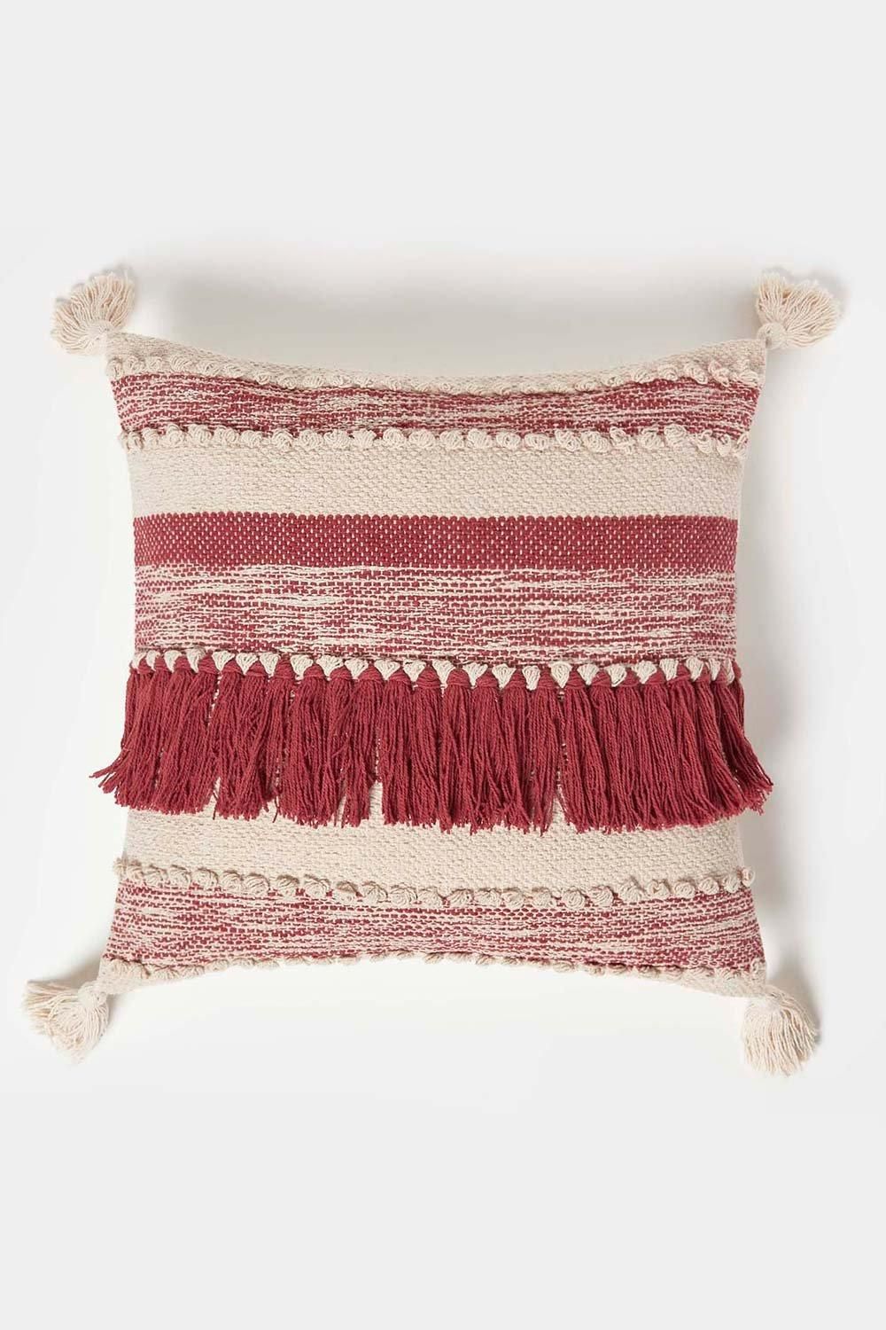 Homescapes Zadar Handwoven Fringed Red Kilim Cushion