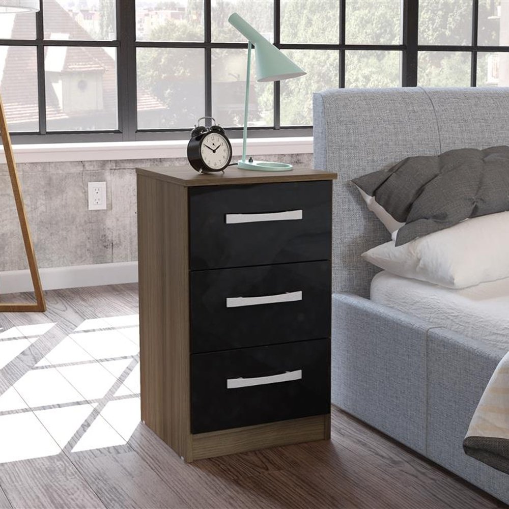 Lynx 3 Drawer Bedside Table Walnut and Black
