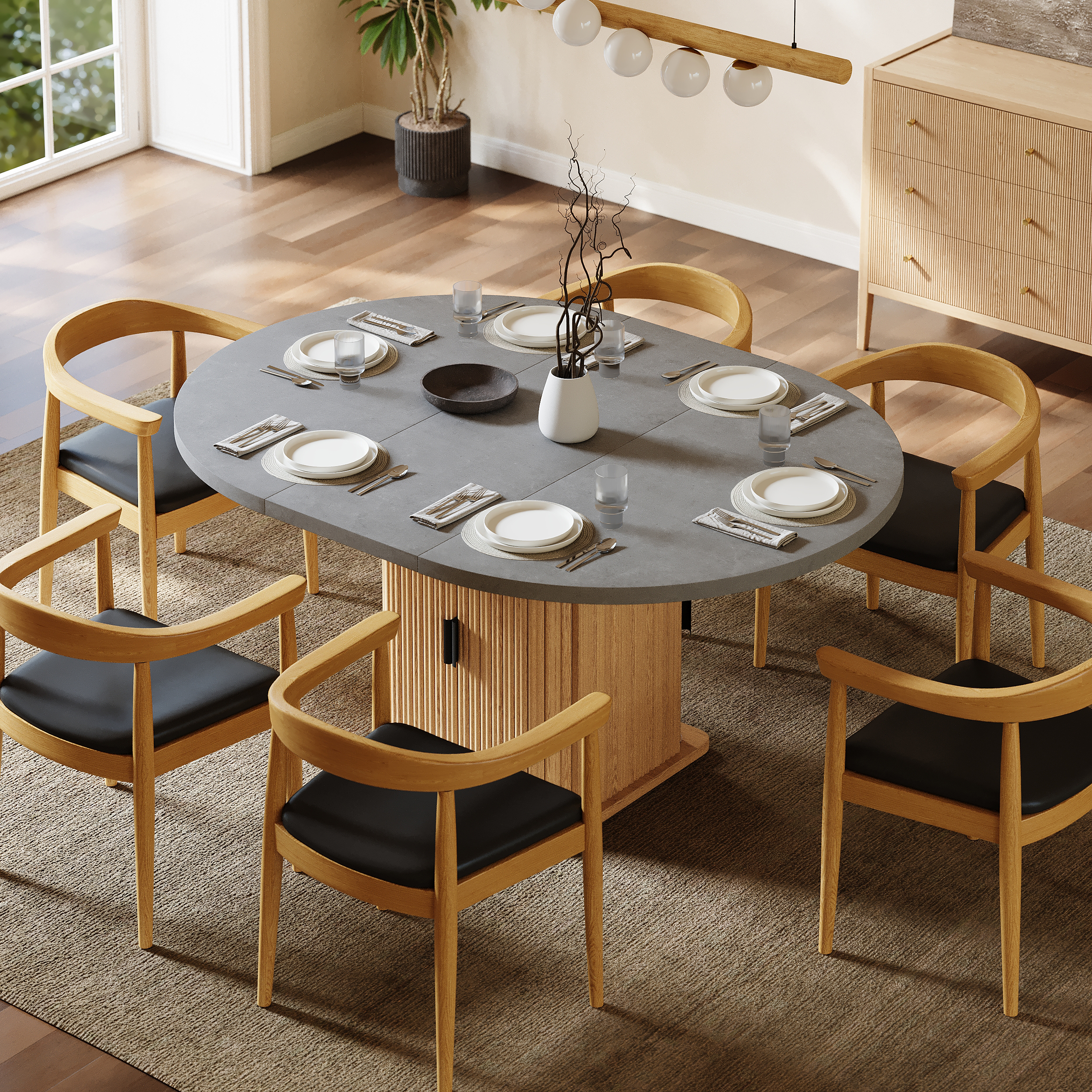 1200mm-1600mm Gray Extendable Dining Table with Fluted Base and Storage