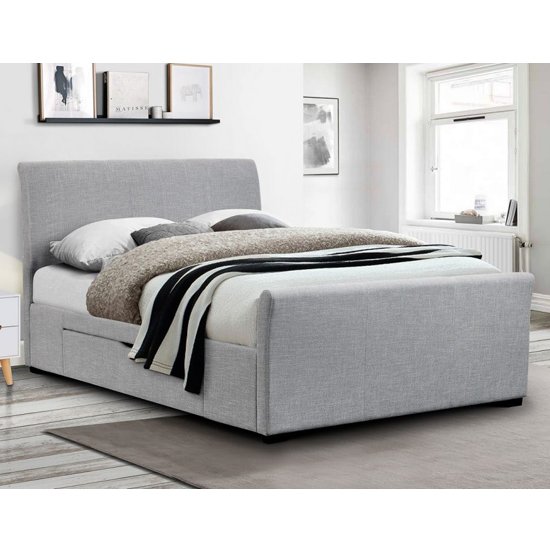 Catoosa Linen Fabric Super King Size Bed In Light Grey With 2 Drawers