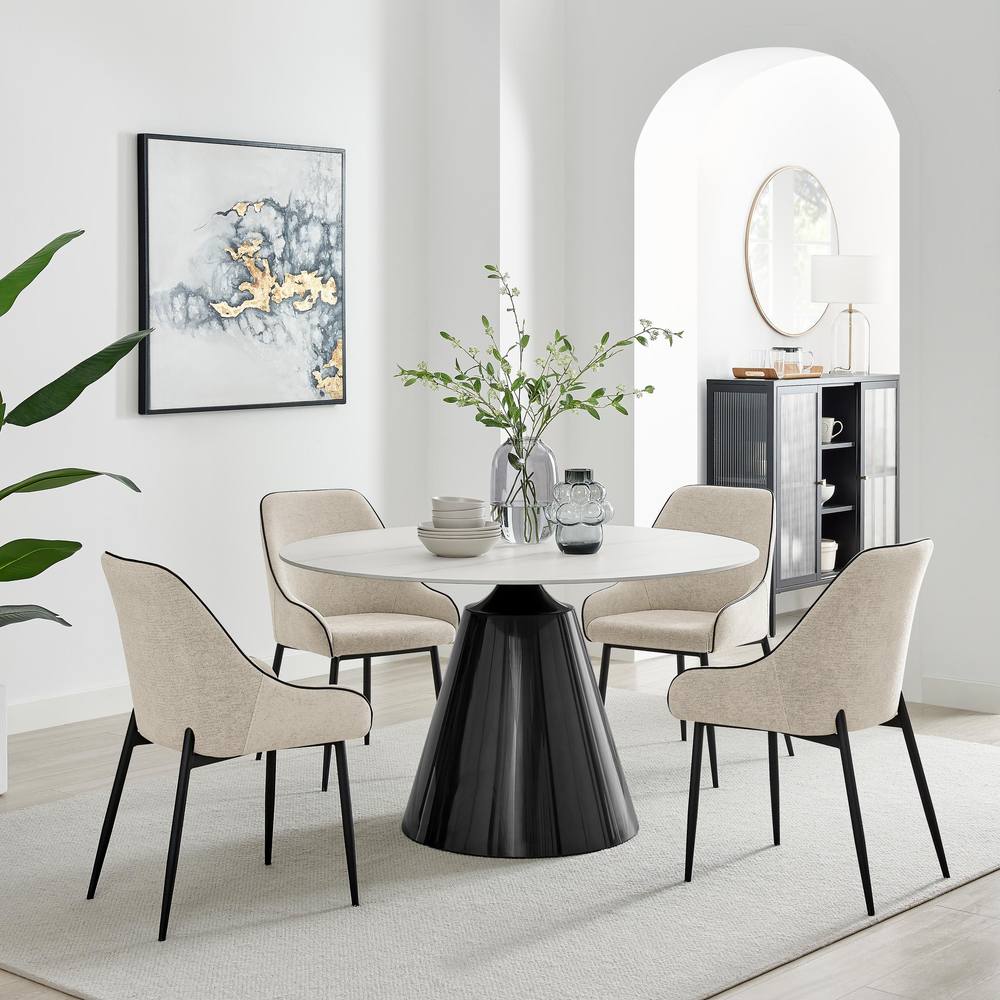 FurnitureboxUK Nina Marble-Effect Dining Set with Cream Fabric Chairs