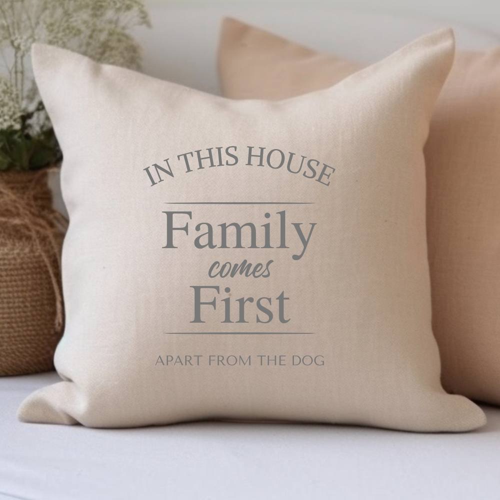 Aye Do Gifts Personalised Family Comes First Cushion in Beige