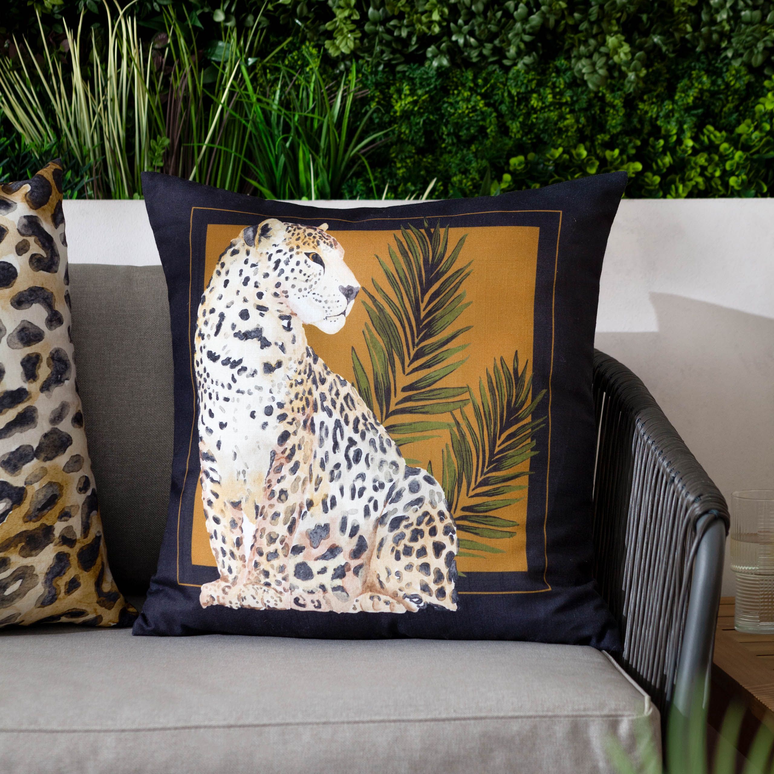Paoletti Leopardis Cat Printed Outdoor Cushion in Gold