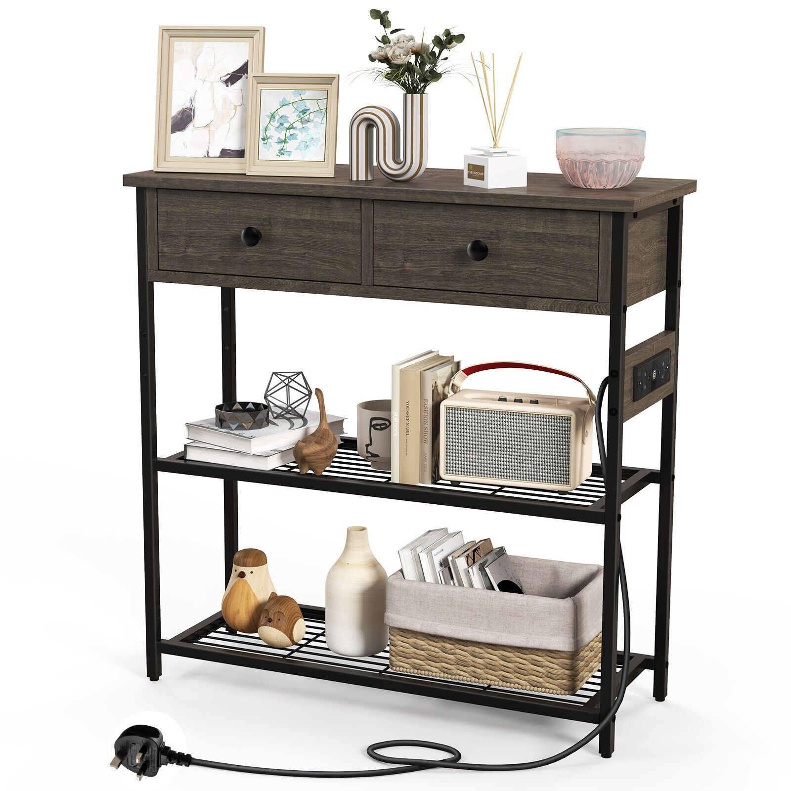 Costway Entryway Table Narrow Console Table Buffet Side Table w/ Charging Station in Grey