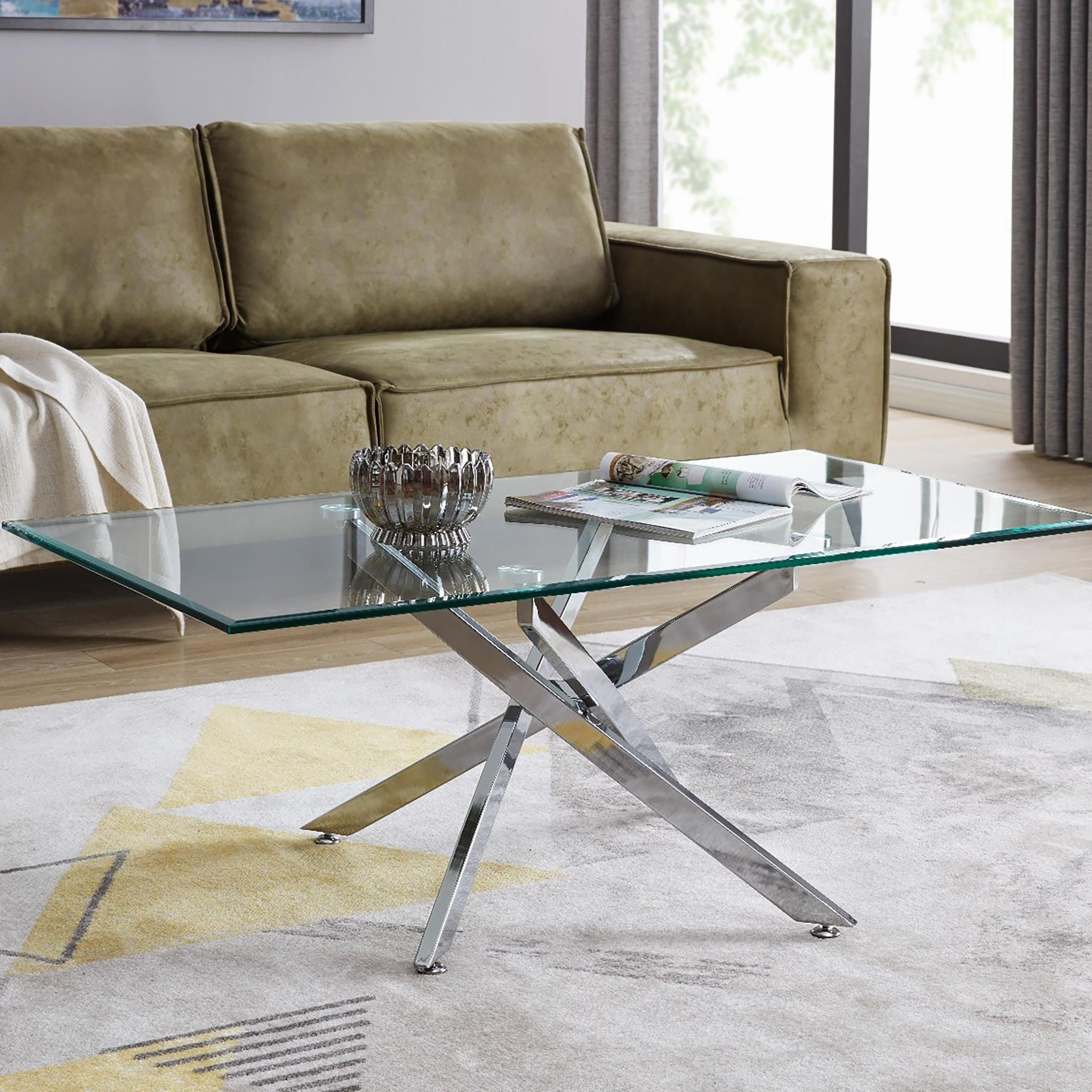 FurnitureboxUK Leonardo Rectangular Glass Coffee Table with Metal Angled Starburst Legs for Modern Living Rooms in Silver