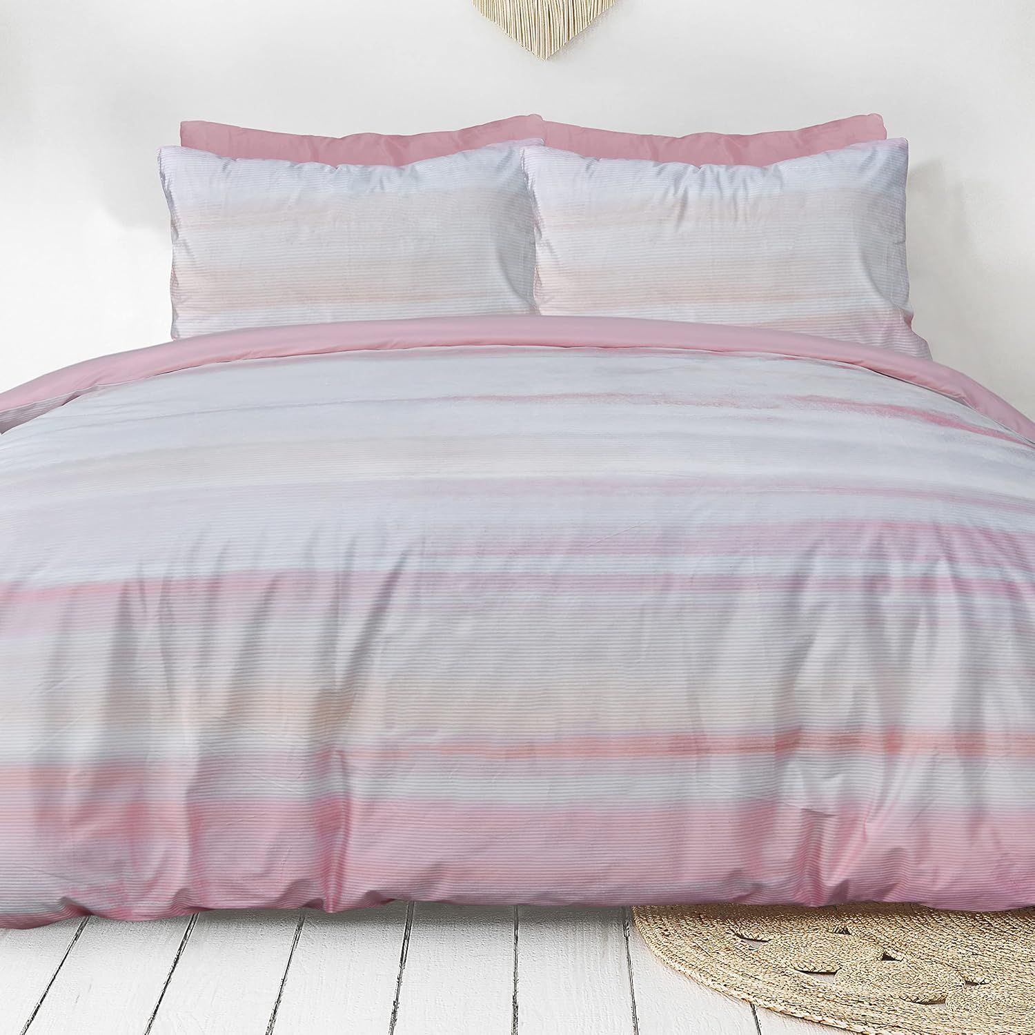 Smart Living Luxury Hotel Quality Reversible Ribbed Velvet Duvet Cover with Pillowcases in Pink