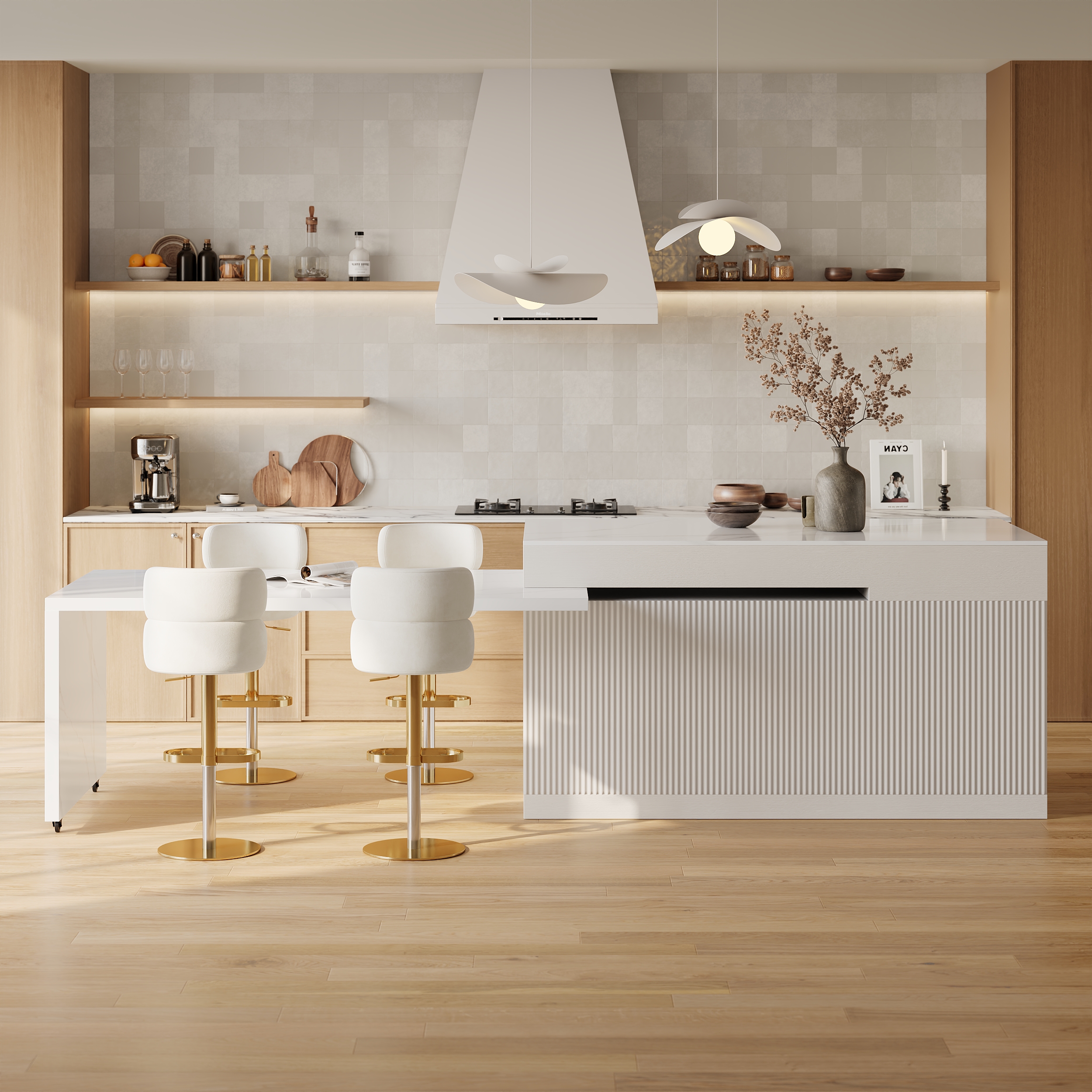 205 - 300 cm Modern Extendable White Sintered Stone Kitchen Island with Doors and Drawers