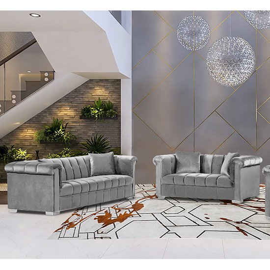 Kenosha Velour Fabric 2 Seater And 3 Seater Sofa In Silver