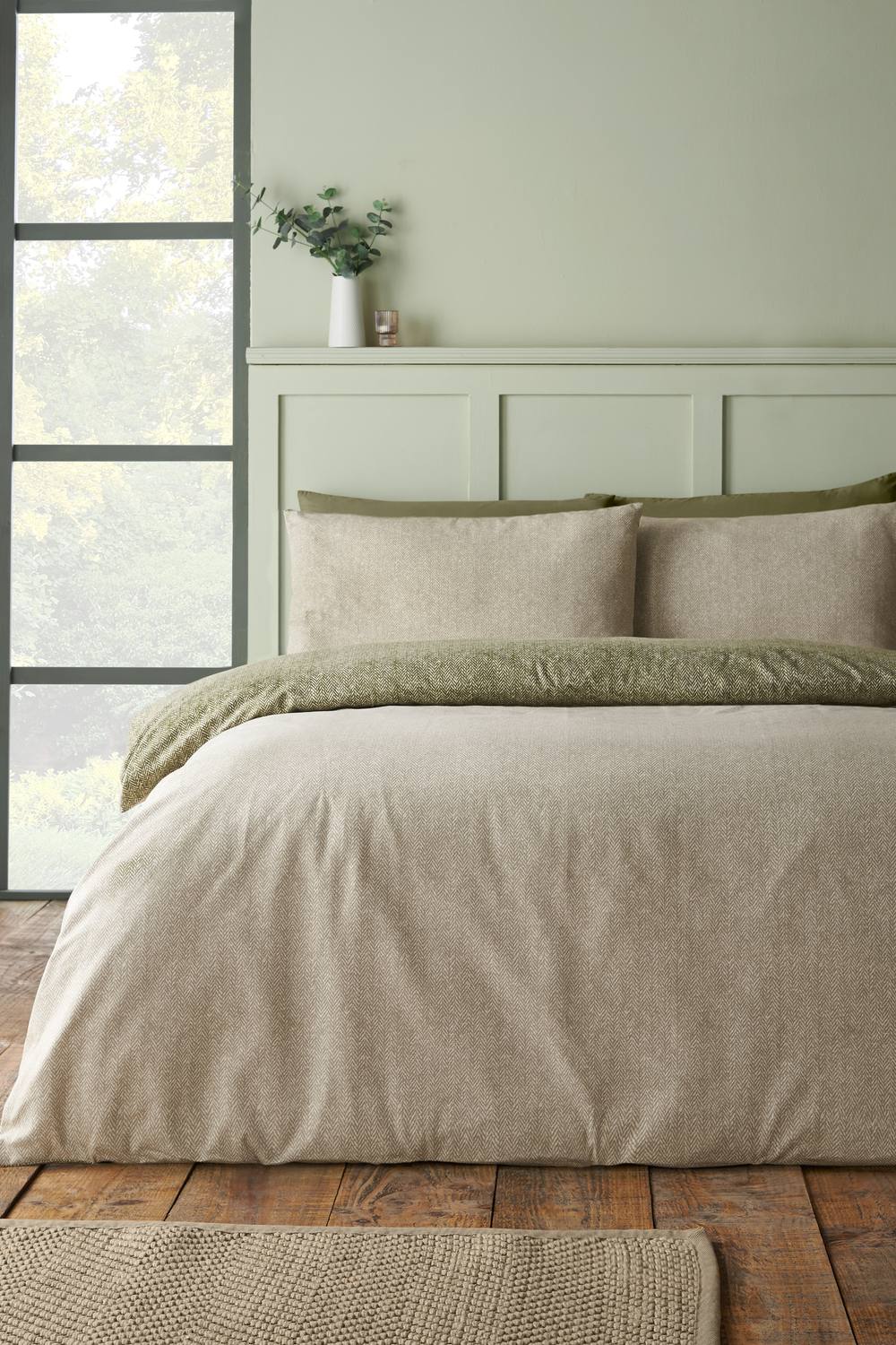 Catherine Lansfield Brushed Herringbone Cotton Reversible Duvet Cover Set in Green 2
