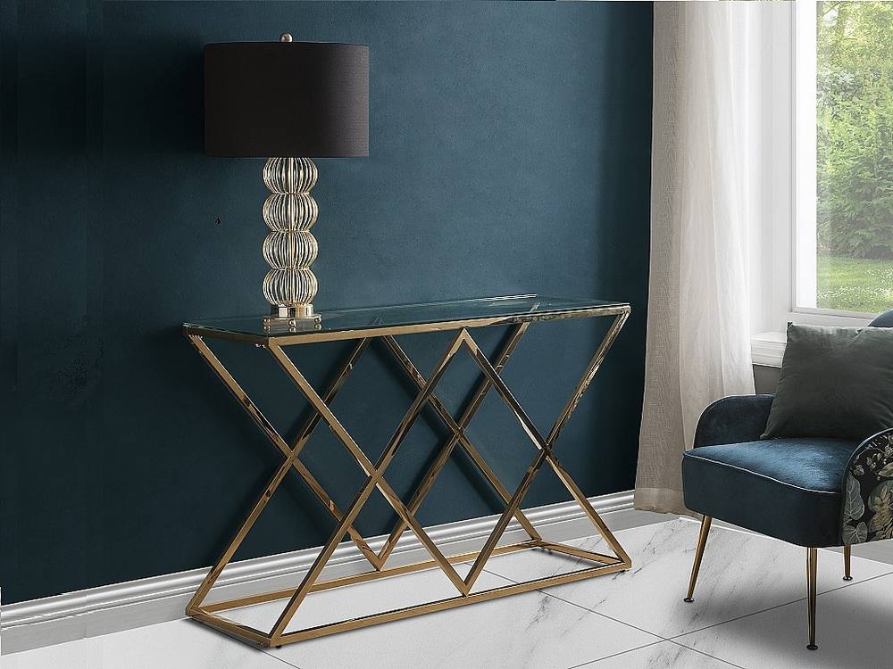 Vente-unique Tempered Glass & Steel Console - Golden - CHARLOTTE in Clear