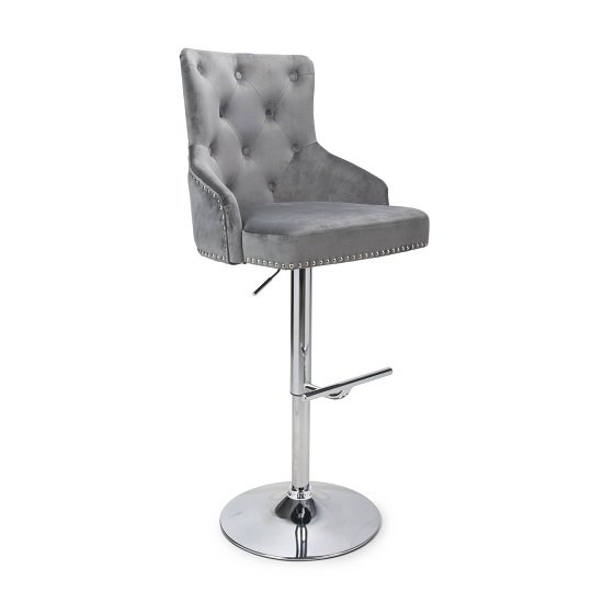 Calico Bar Stool In Grey Brushed Velvet And Polished Chrome Base