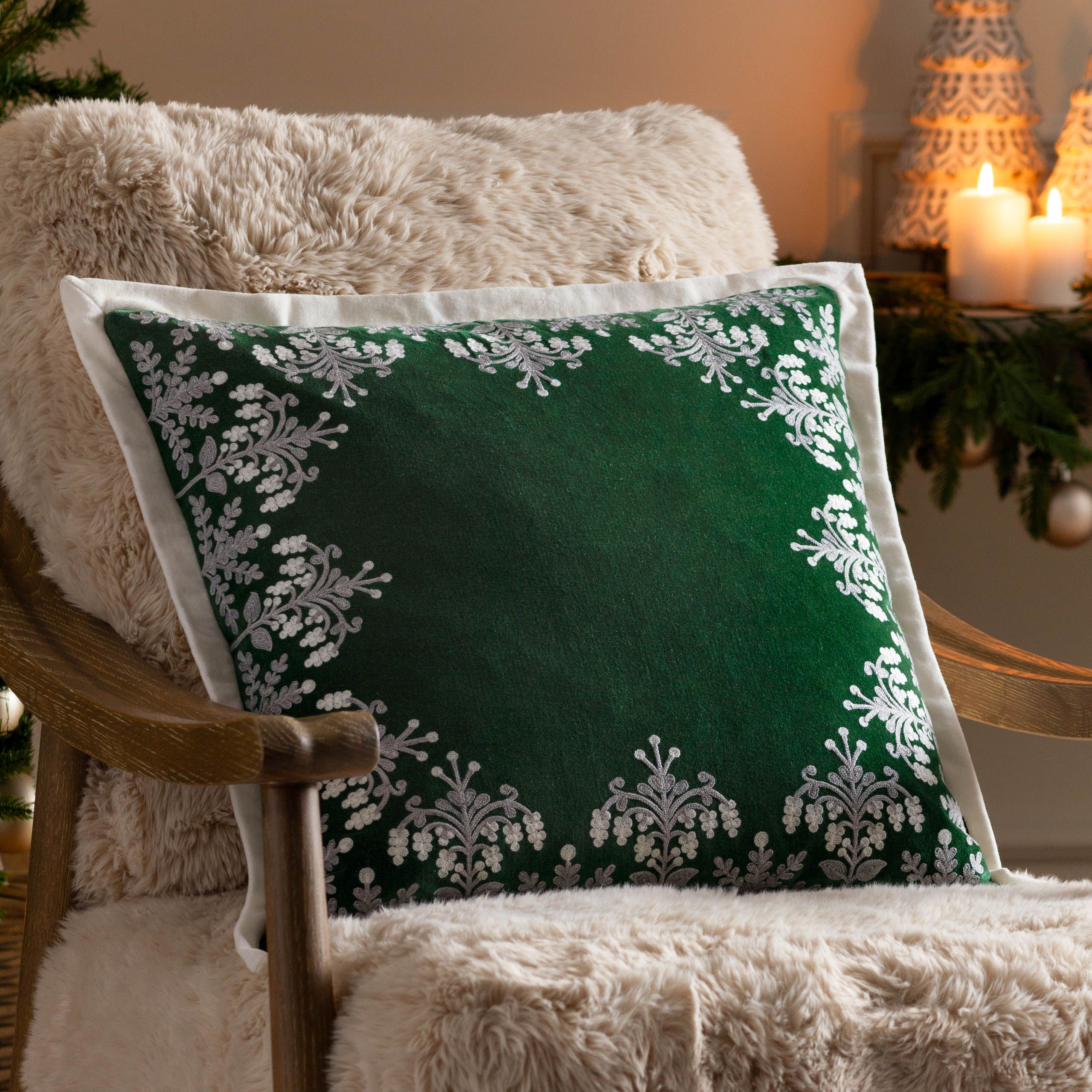 Paoletti Winter Bloom 100% Cotton Embroidered Cushion in Green