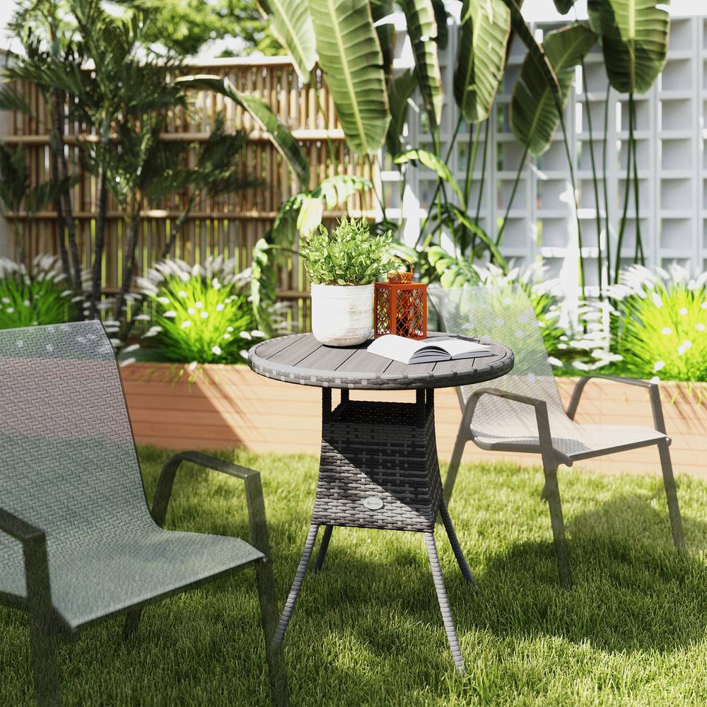 OUTSUNNY 70cm Outdoor PE Rattan Dining Table with Wood-plastic Composite Top, Grey