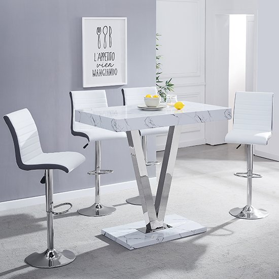 Vienna Vida Marble Effect Gloss Bar Table 4 White Grey Stool
