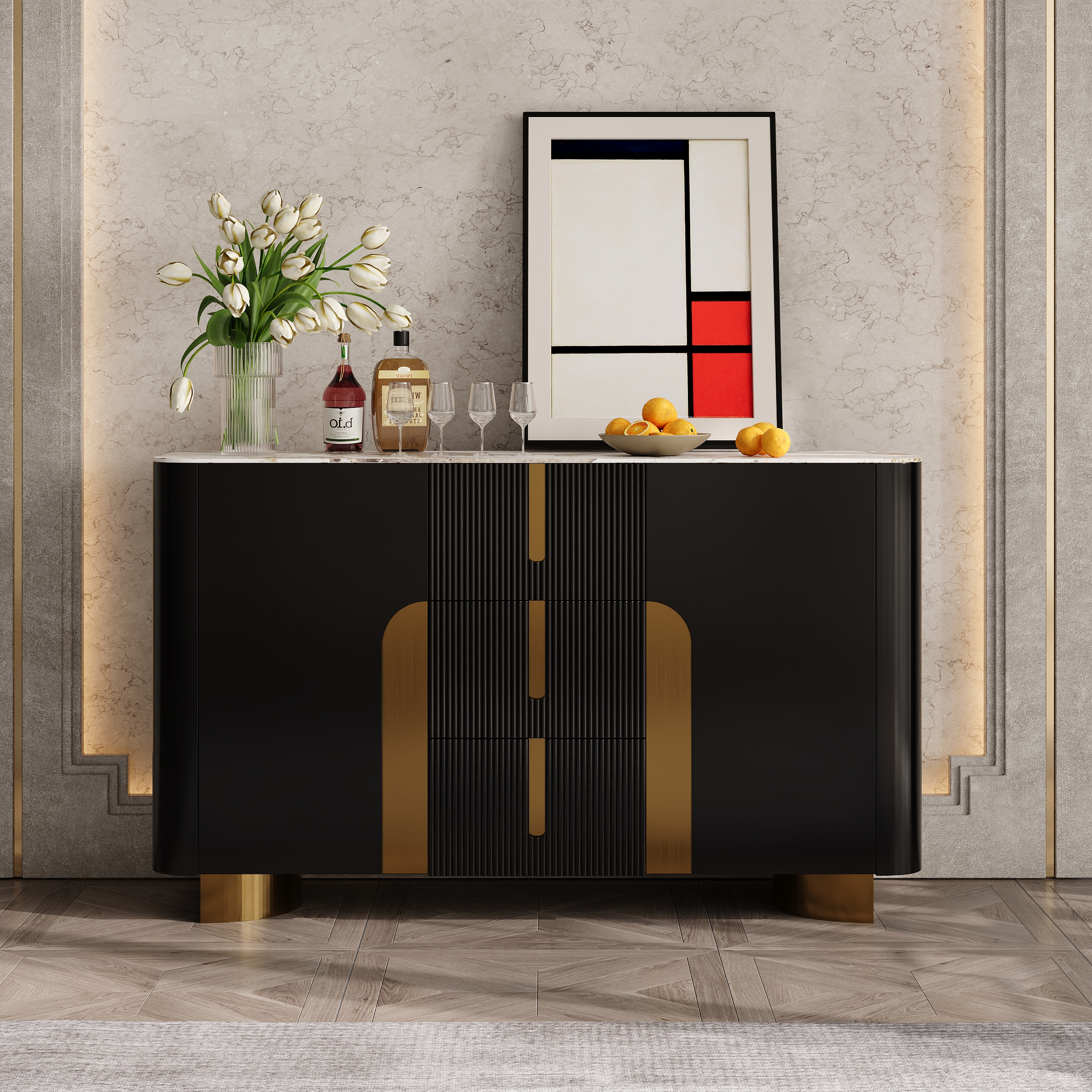 Artis Modern Matt Black 150 cm W Sintered Stone Sideboard 3 Drawers Kitchen Buffet Table