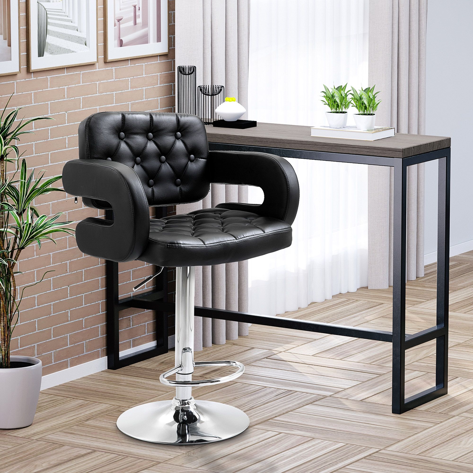 HOMCOM Adjustable Height Barstool Steel Pole PU Leather Bistro in Black