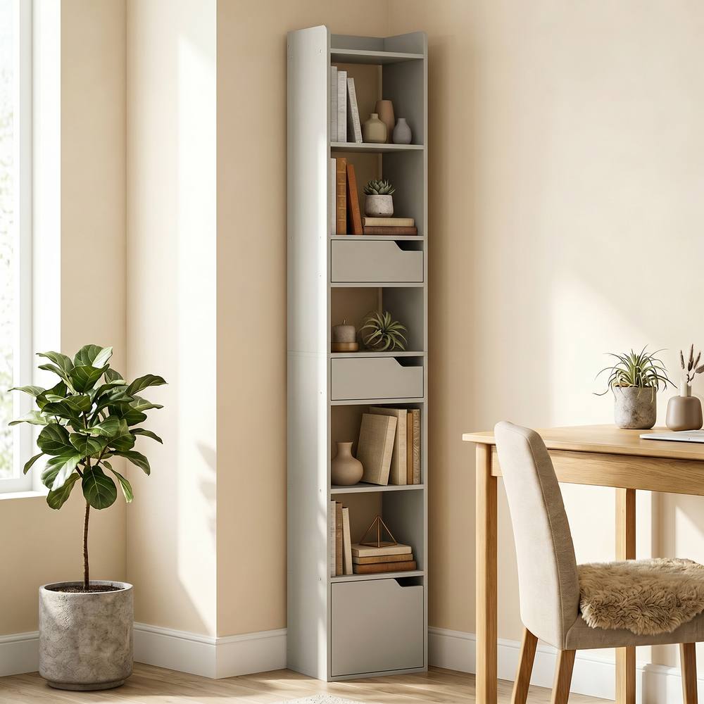 HOMCOM Bookcase Tall Narrow with 5 Tiers Drawers Grey