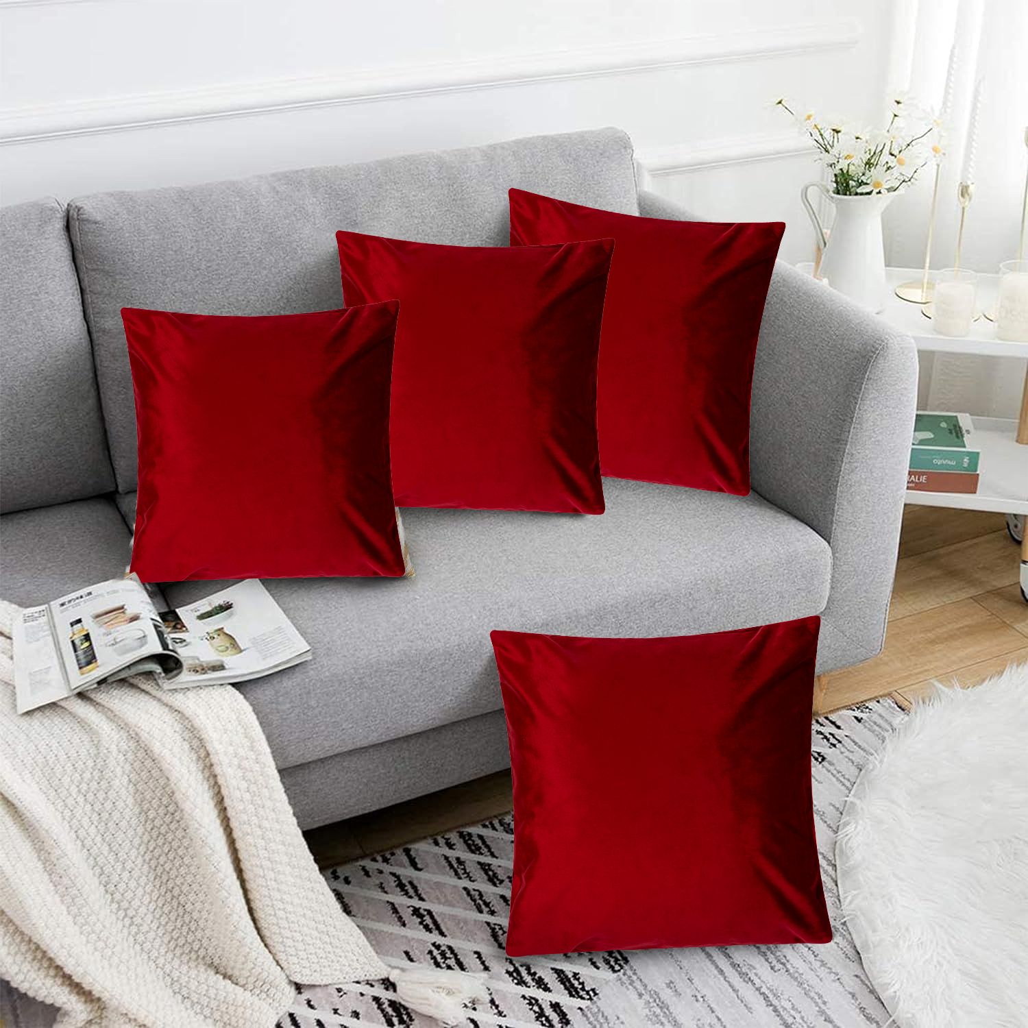 Luxury Living Luxurious Velvet Cushions Set of 4 - Soft Plush Fibre Pads, Vibrant Colours for Sofa & Bed Décor in Red