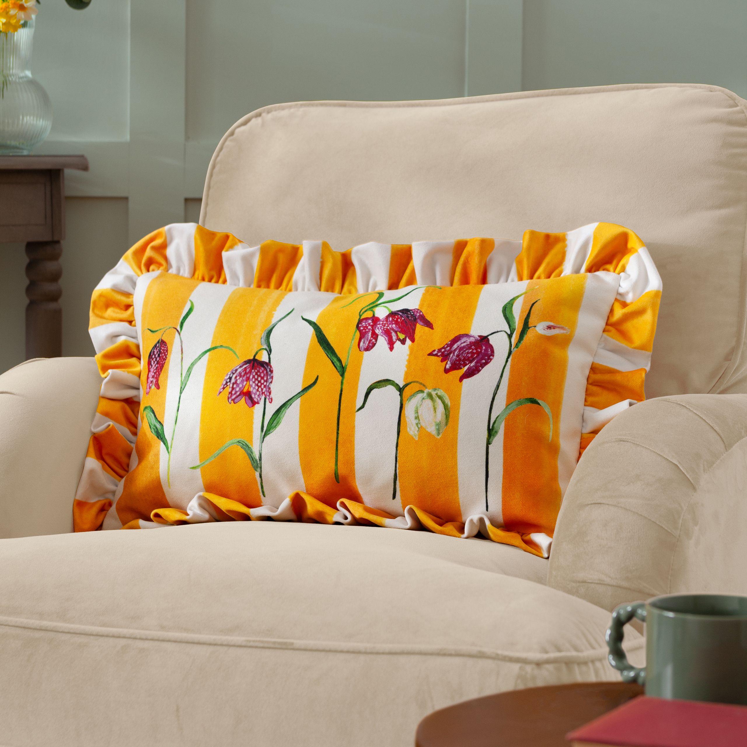 Wylder Nature Marais Fritillaries Printed Chenille Cushion in Yellow