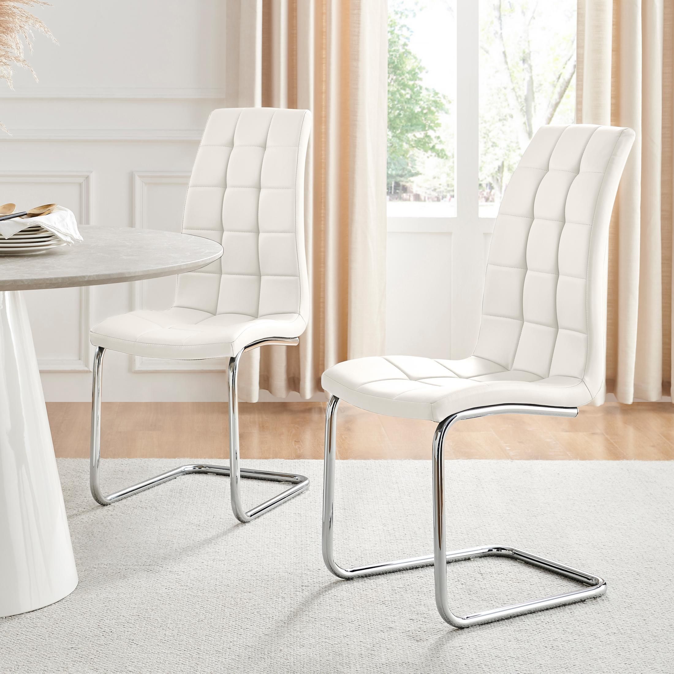FurnitureboxUK Set of 2 Murano Deep Cushioned Soft Touch Faux Leather Dining Chairs With Silver Chrome Metal Legs in White