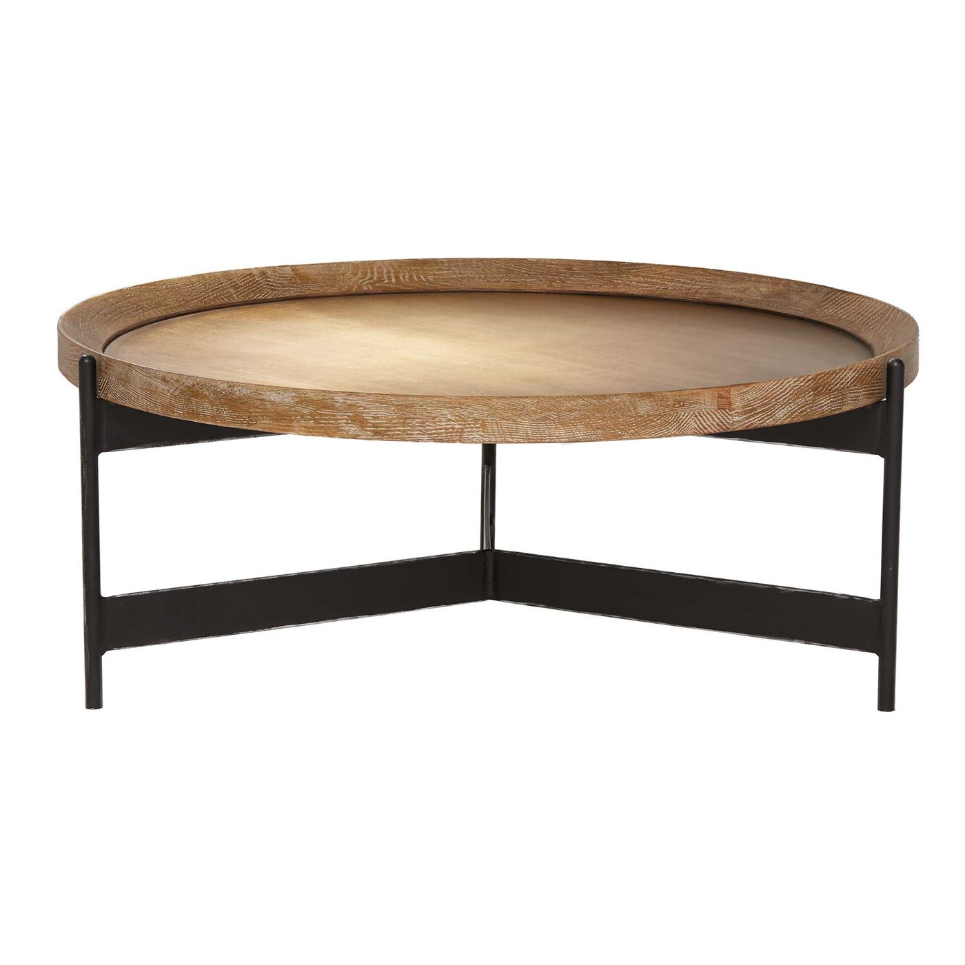 Zeke Round Coffee Table, Light Brass and Oak