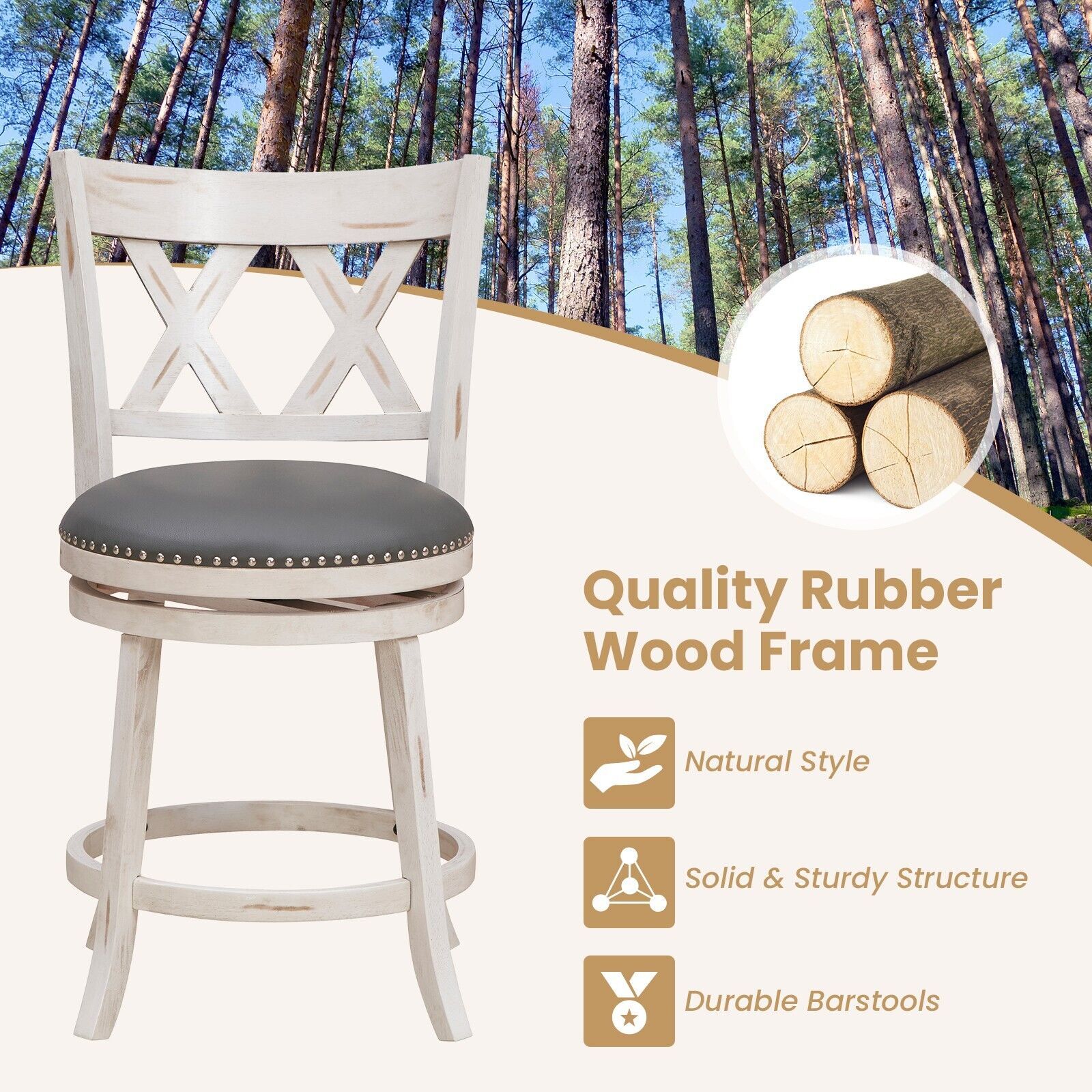 Costway Set of 2 Bar Stools Counter Height Chair Pub 360 Swiveling Upholstered Seat 24" in White 4