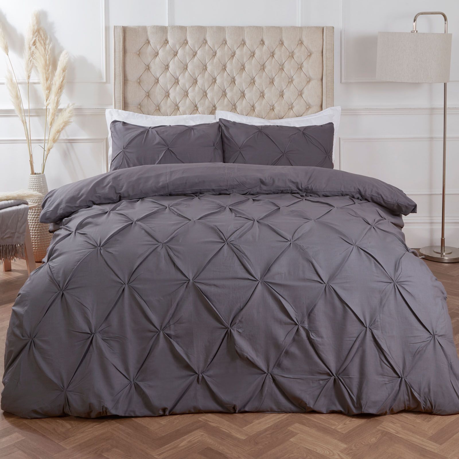 OHS Diamond Pintuck Duvet Cover with Pillowcase in Charcoal