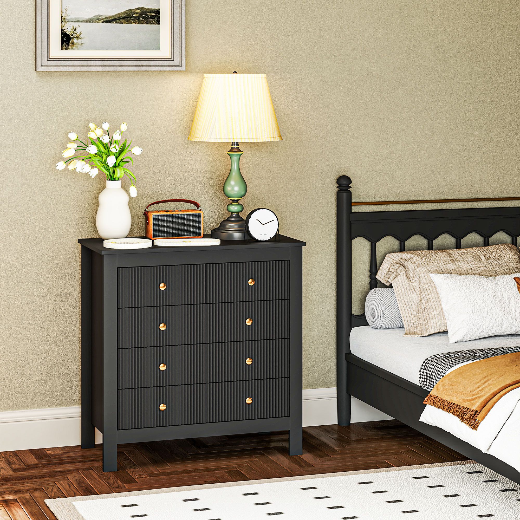 HOMCOM Fluted Bedroom Chest of Drawers w/ 5 Drawers Gold Tone Handles in Black