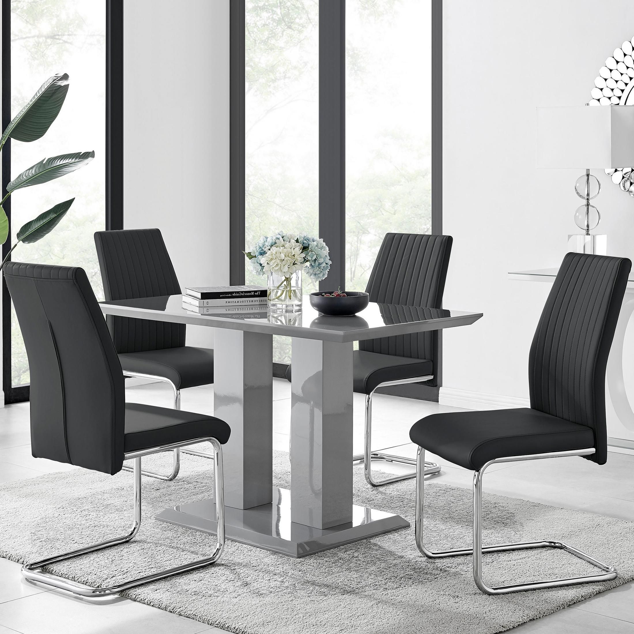 FurnitureboxUK Imperia Grey High Gloss 4 Seater Dining Table with Structural 2 Plinth Column Legs 4 Soft Faux Leather Lorenzo Chairs in Black