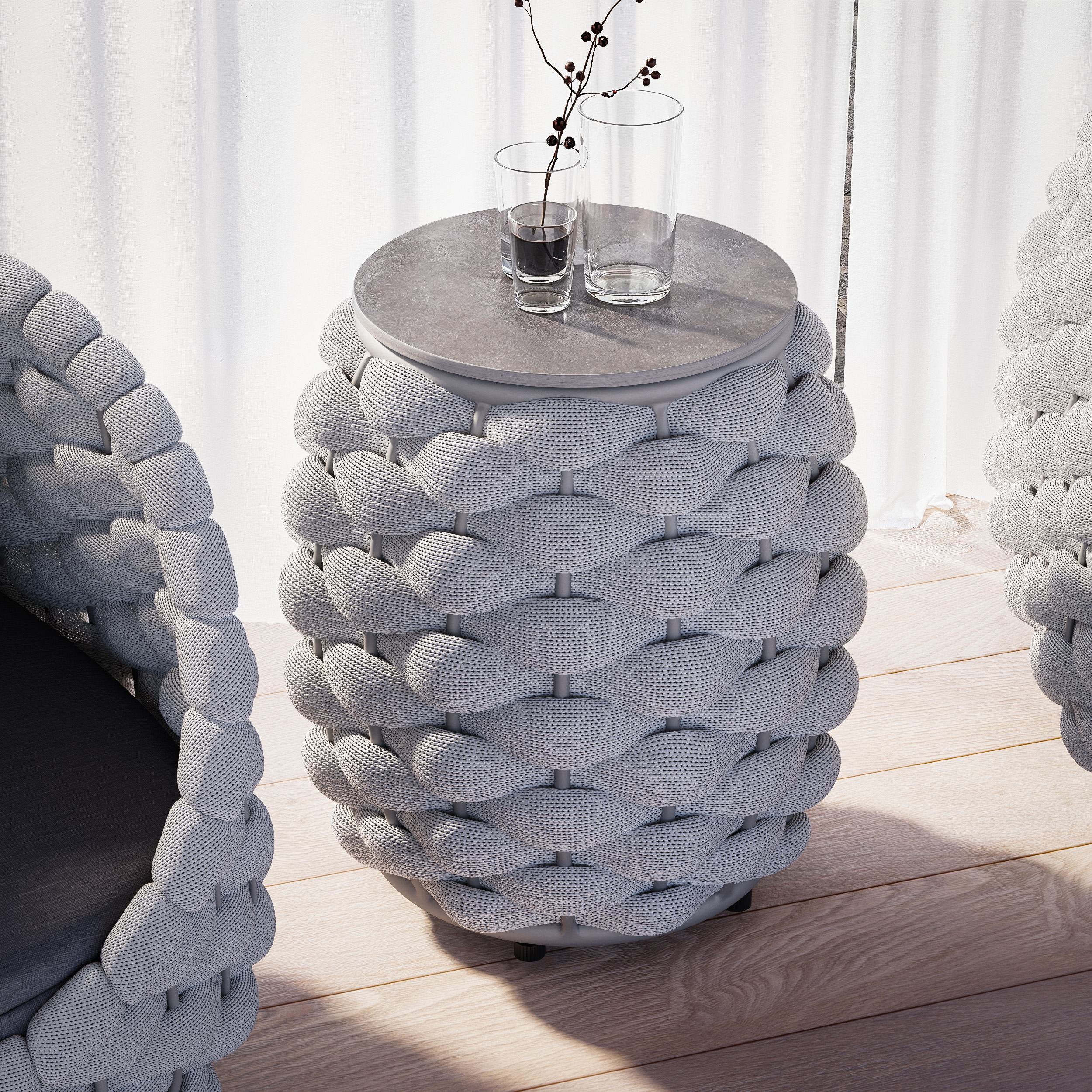 Cocaro Outdoor Woven Side Table with Storage, Waterproof Rope & Slate Top in Grey