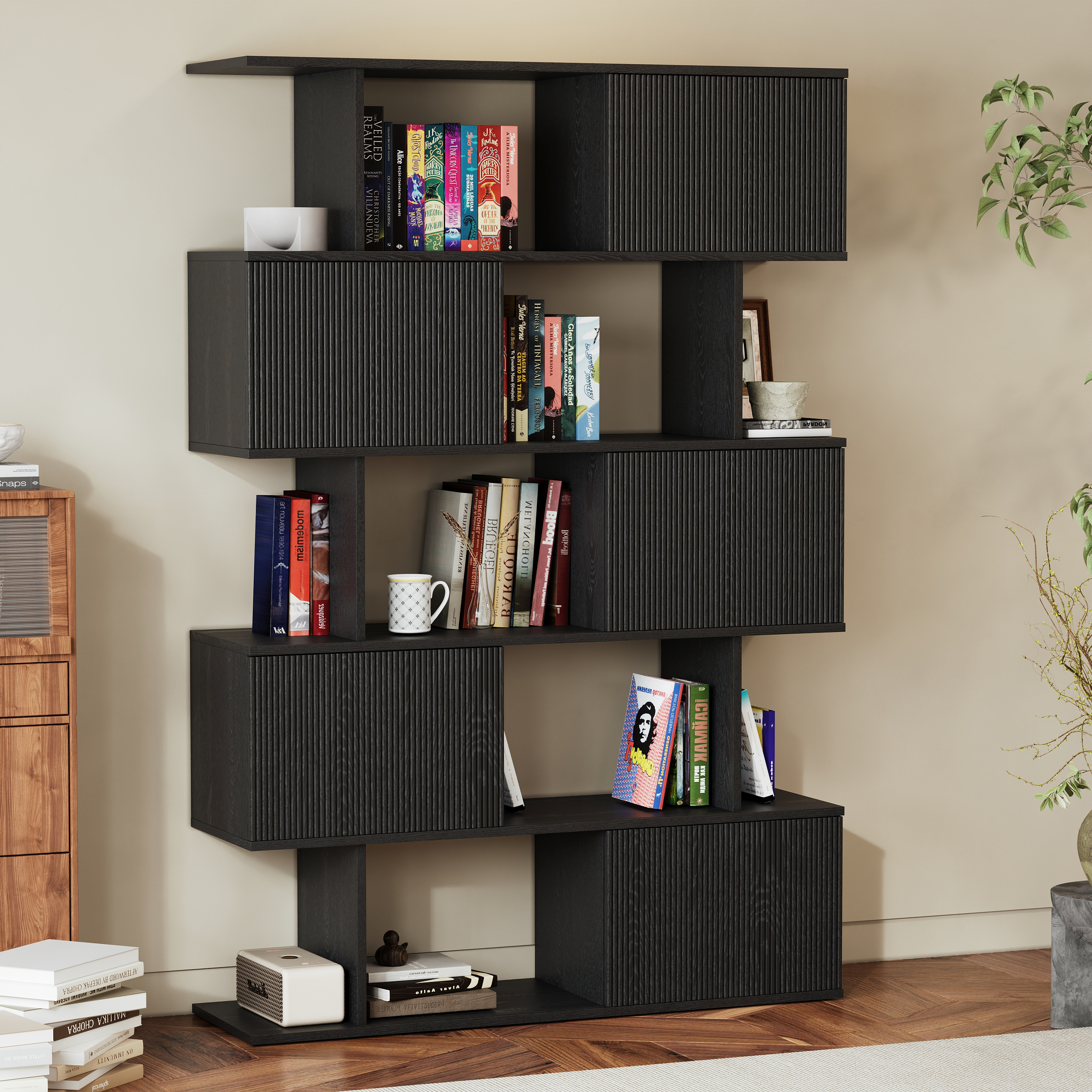 185 cm Black Sliding Door Etagere Bookshelf 5-Shelf Tall Book Shelf Rich Storage