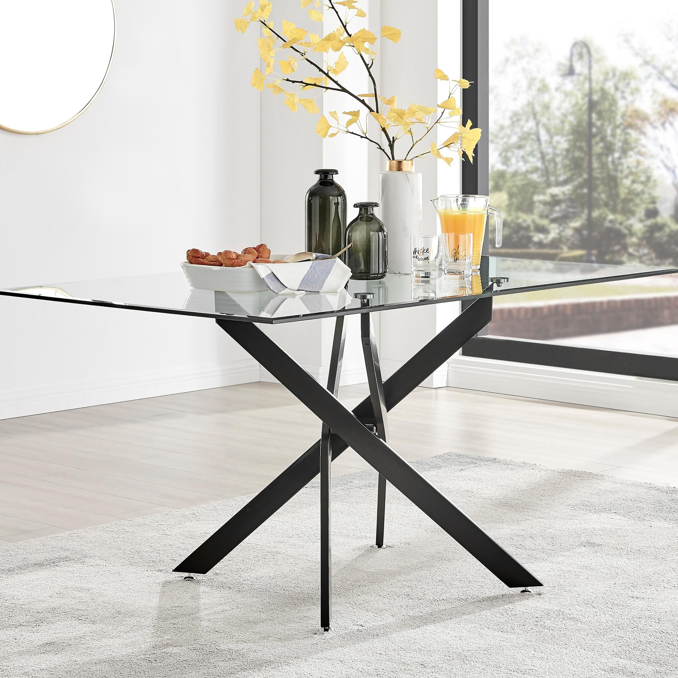 FurnitureboxUK Leonardo 150cm 6-Seater Glass & Chrome Metal Starburst Dining Table in Black