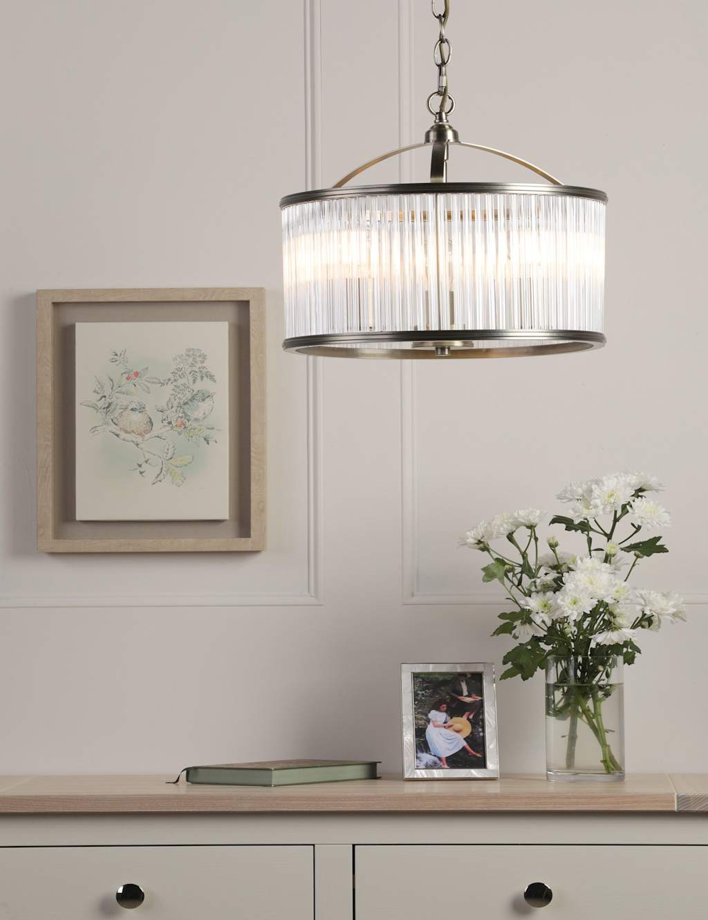 Laura Ashley Sutton Metal & Glass 3 Light Pendant Light Antique Brass