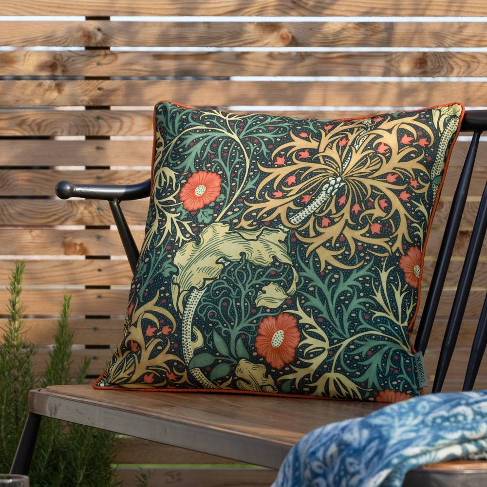 Morris & Co Seaweed Printed Piped Outdoor Cushion in Indigo