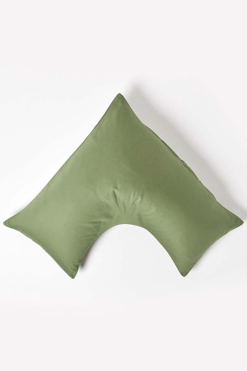 Homescapes V Shaped Pillowcase Sateen Cotton 400 Thread Count in Green